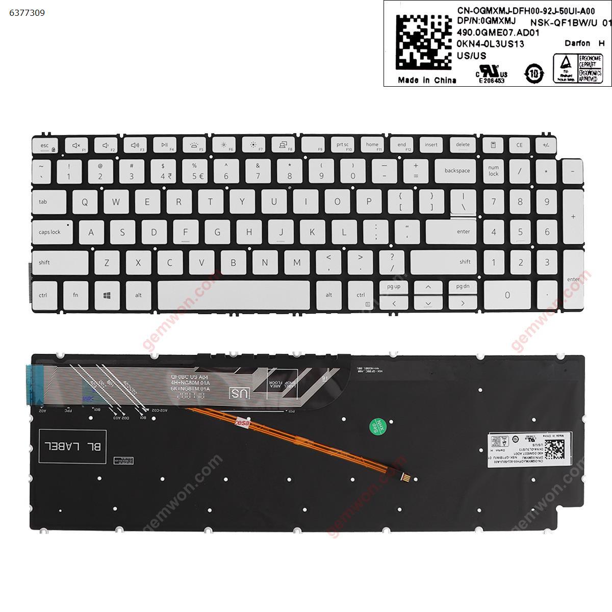 Picture of New Replacement Laptop Keyboard For Dell  Inspiron  15 7590 5584 5590 5593 5594 5598   SILVER    ( without FRAME ， Backlit , win8  ) US Layout