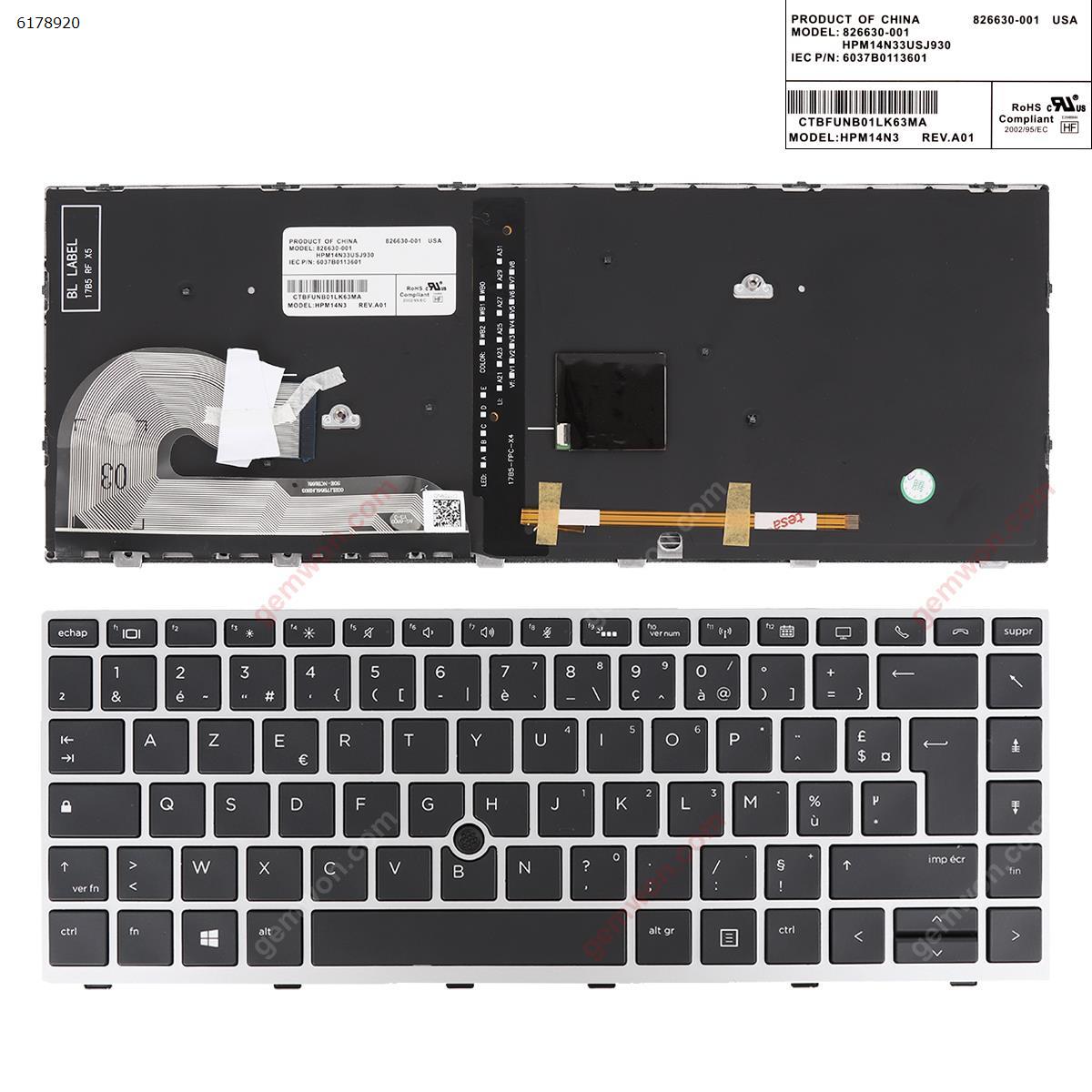 Picture of New Replacement Laptop Keyboard For HP EliteBook 840 G5 SILVER FRAME BLACK (with point, Backlit) FR Layout