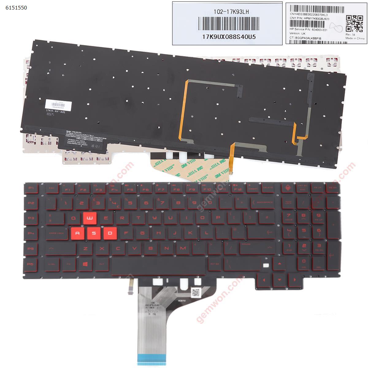 Picture of New Replacement Laptop Keyboard For HP Omen 17-AN000 17-AN001CA 17-AN008CA 17-AN010CA 17-AN020CA BLACK (Backlit,Without FRAME,Red Printing,Win8) Uk Layout