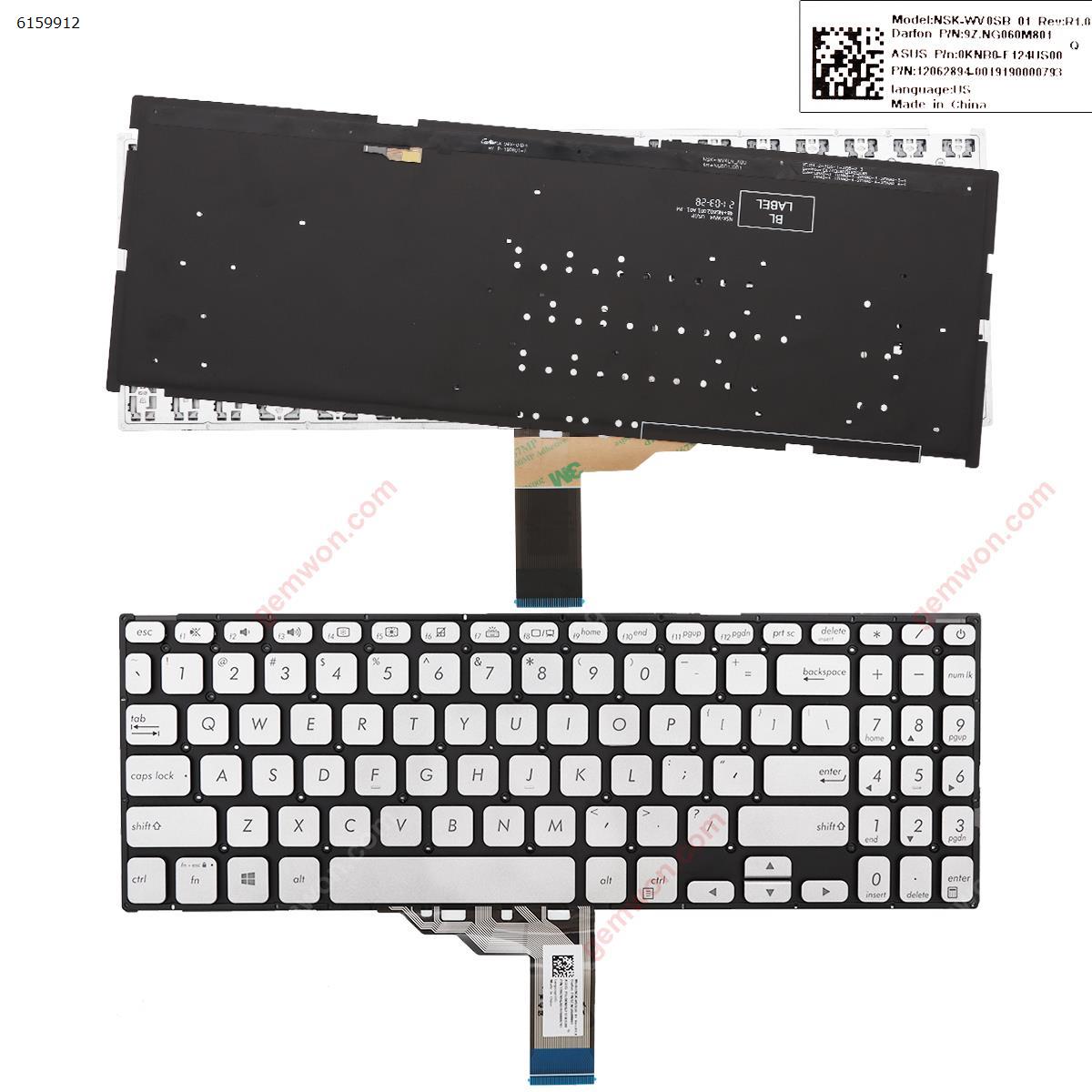 Picture of New Replacement Laptop Keyboard For ASUS Vivobook X512 X512FA X512DA X512UA X512UB SILVER （Backlit WIN8） US Layout