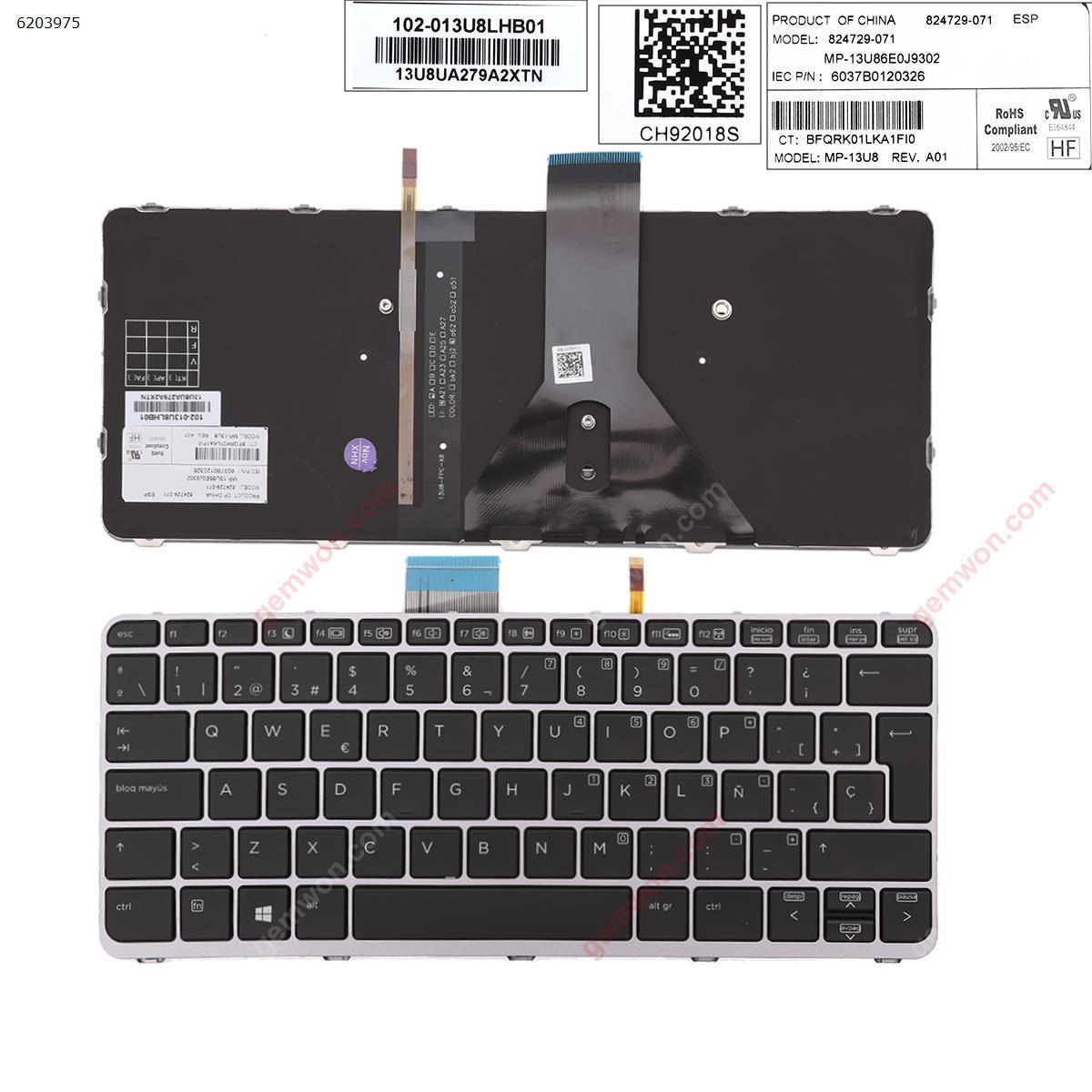 Picture of New Replacement Laptop Keyboard For HP Elitebook Folio 1020 G1  SILVER FRAME BLACK(Backlit,Win8) SP Layout