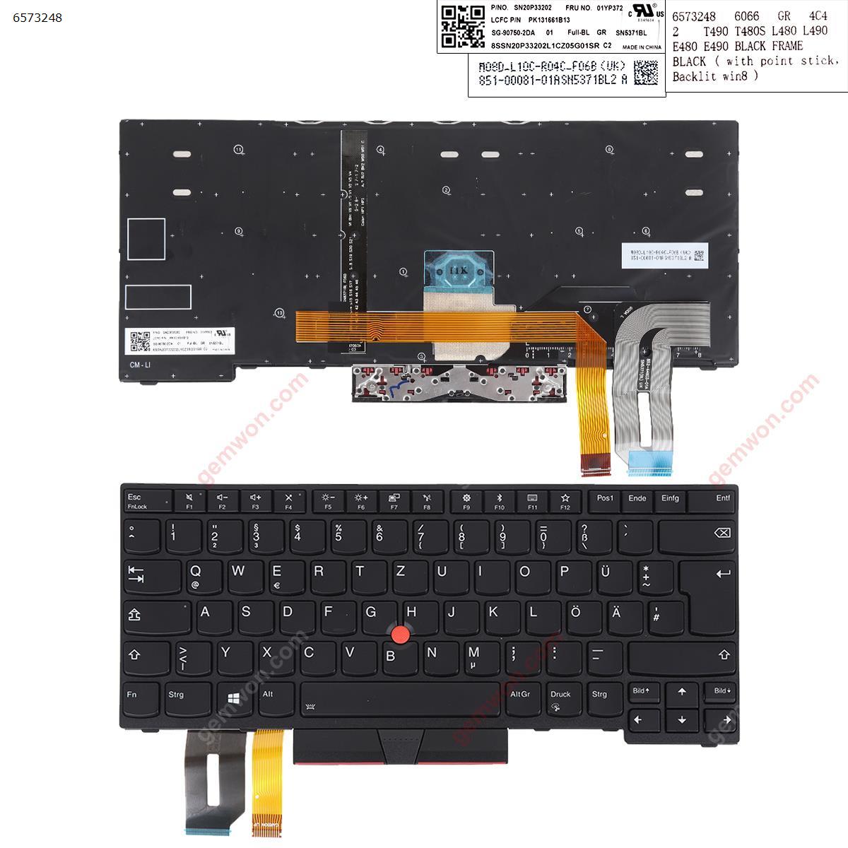 Picture of New Replacement Laptop Keyboard For LENOVO T490  BLACK FRAME BLACK  ( with point stick，Backlit win8 ) GR Layout