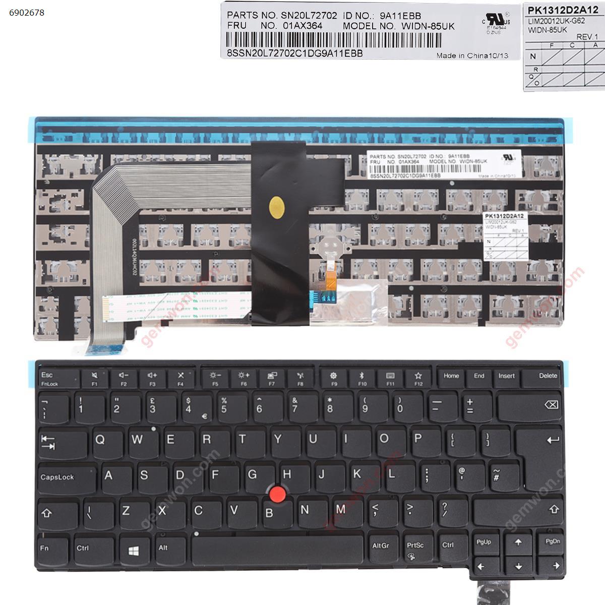 Picture of New Replacement Laptop Keyboard For ThinkPad T470S BLACK FRAME BLACK (with point stick  For Win8) OEM Uk Layout