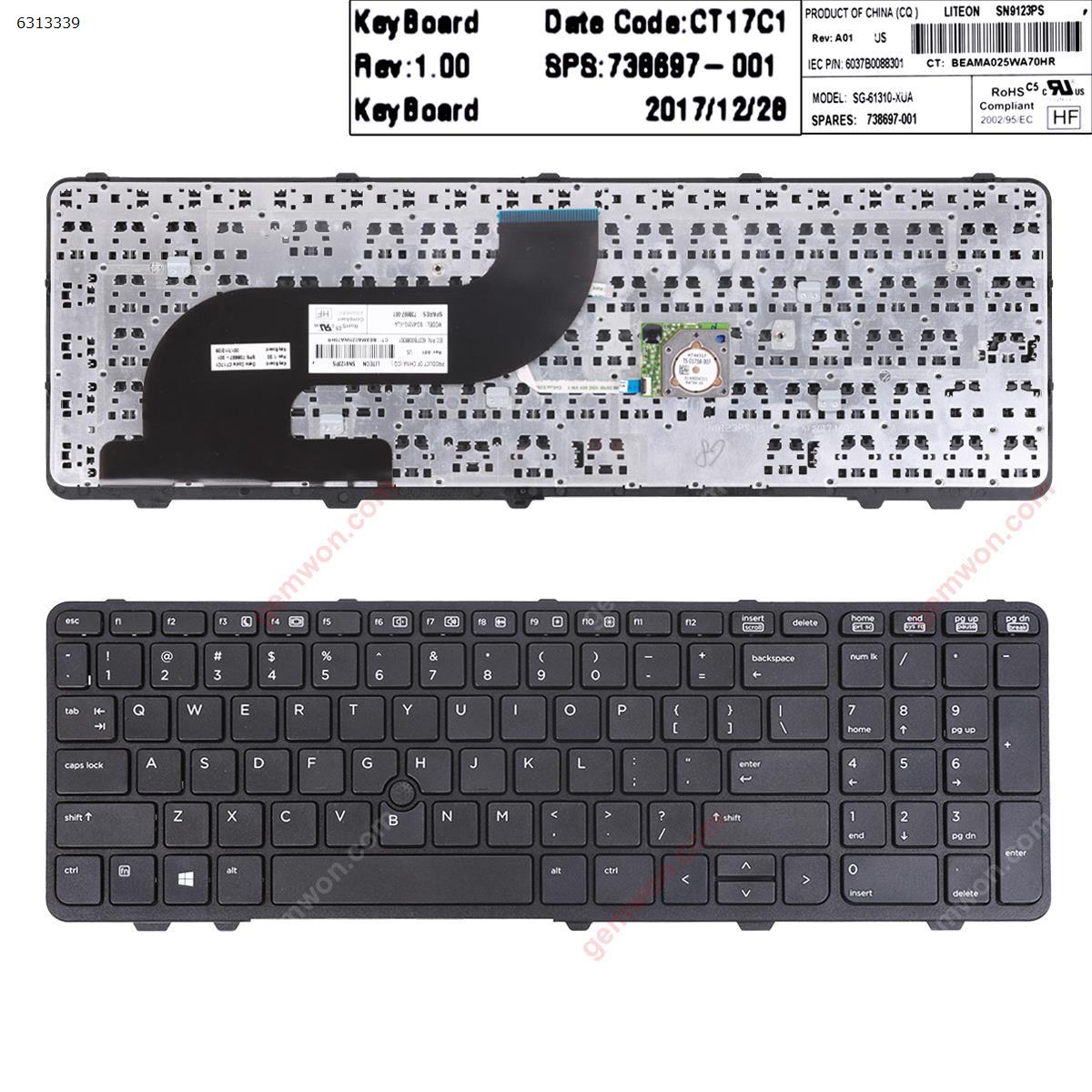 Picture of New Replacement Laptop Keyboard For HP Probook 650 G1 655 G1 BLACK FRAME BLACK(Backlit With Point stick,WIN8) US Layout