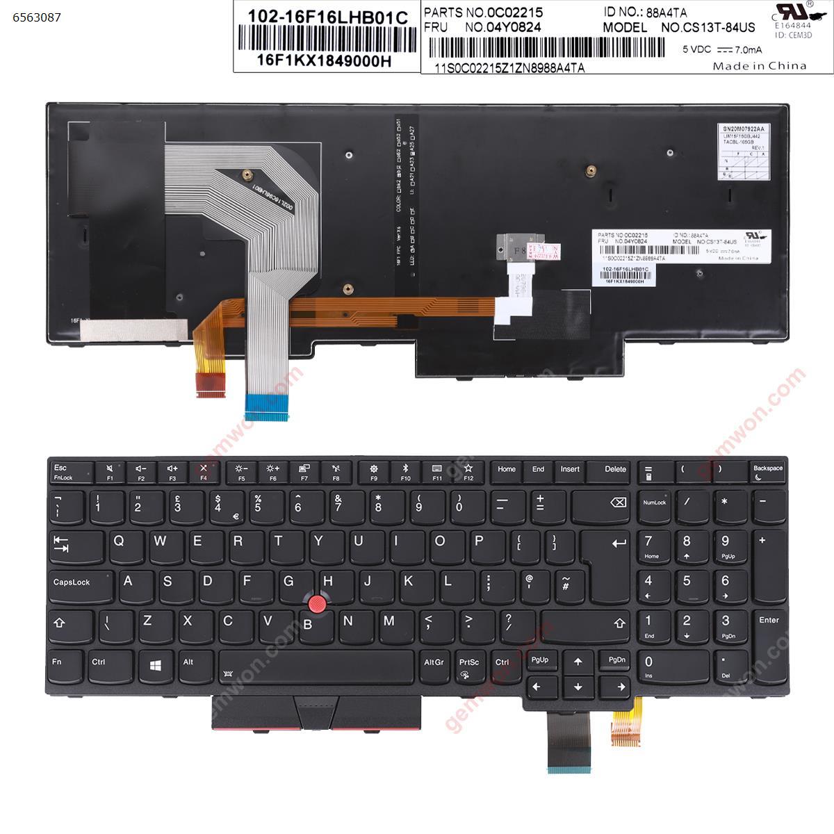 Picture of New Replacement Laptop Keyboard For Lenovo IBM ThinkPad T580 BLACK FRAME BLACK(With Point,Backlit,For Win8) Uk Layout