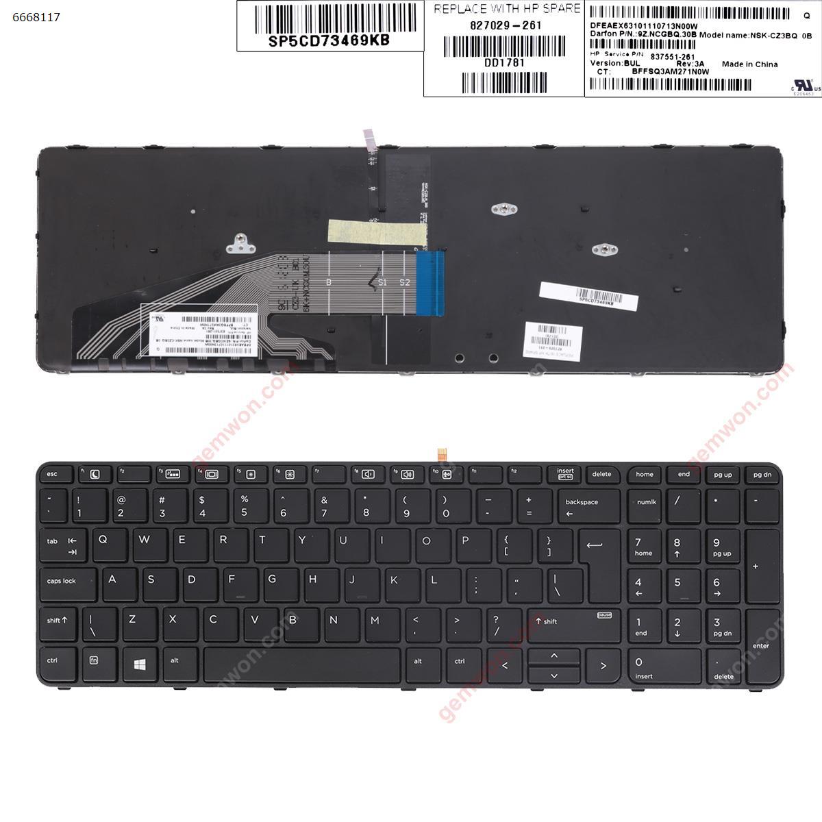Picture of New Replacement Laptop Keyboard For HP ProBook 450 G3 455 G3 470 G3 BLACK FRAME BLACK(Backlit For Win8) UI Layout