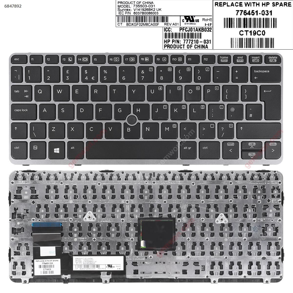 Picture of New Replacement Laptop Keyboard For HP EliteBook 820 G1 SILVER FRAME BLACK (Without Backlit,with point,Win8) Uk Layout