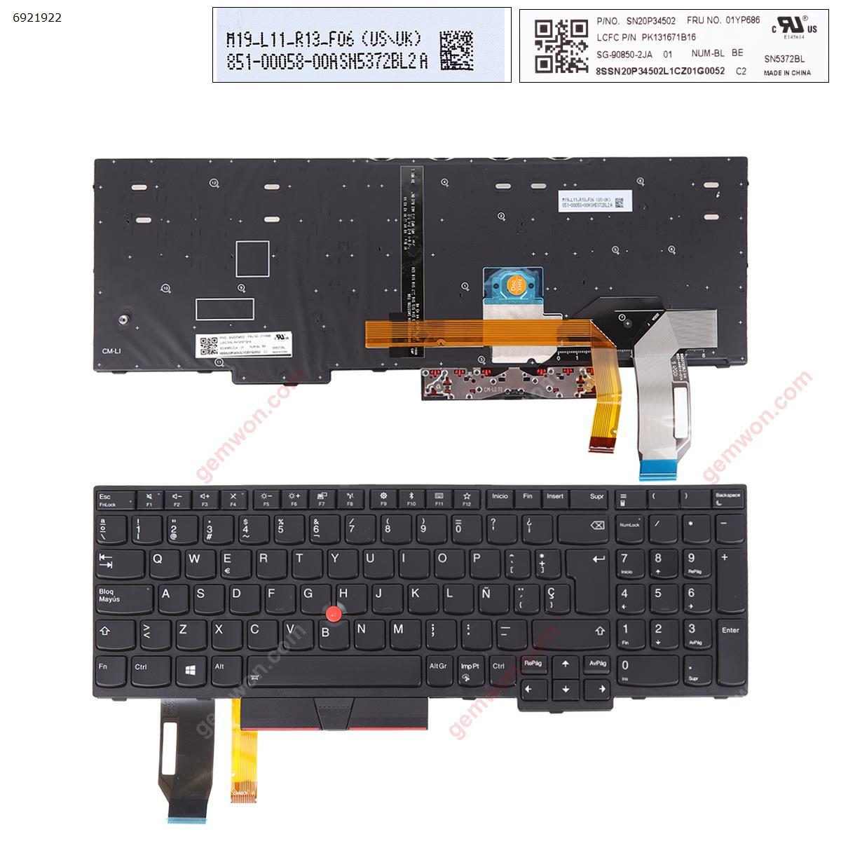 Picture of New Replacement Laptop Keyboard For IBM Thinkpad E580 E585 E590 L580 L590 T590 BLACK FRAME BLACK (Backlit with point stick ,For Win8) OEM SP Layout