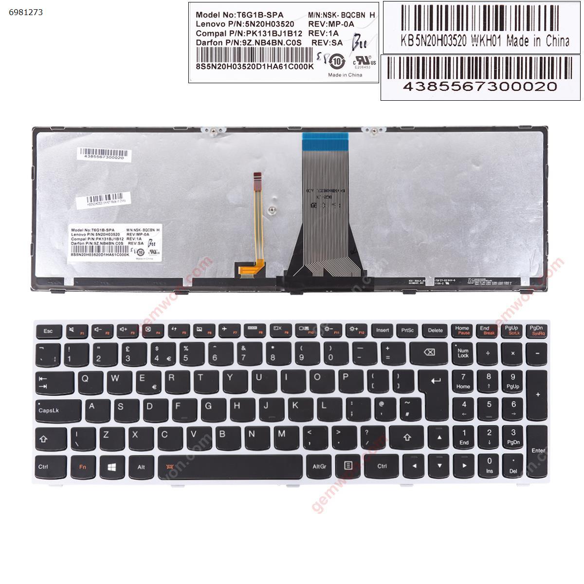 Picture of New Replacement Laptop Keyboard For LENOVO G50-70 SILVER FRAME BLACK(Backlit For Win8) Uk Layout