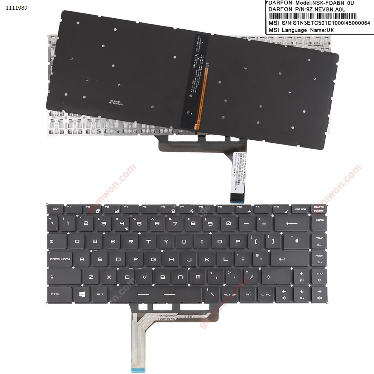 Picture of New Replacement Laptop Keyboard For MSI GS65 GS65 Stealth GS65VR MS-16Q2 BLACK(Backlit,Without FRAME) WIN8 Uk Layout