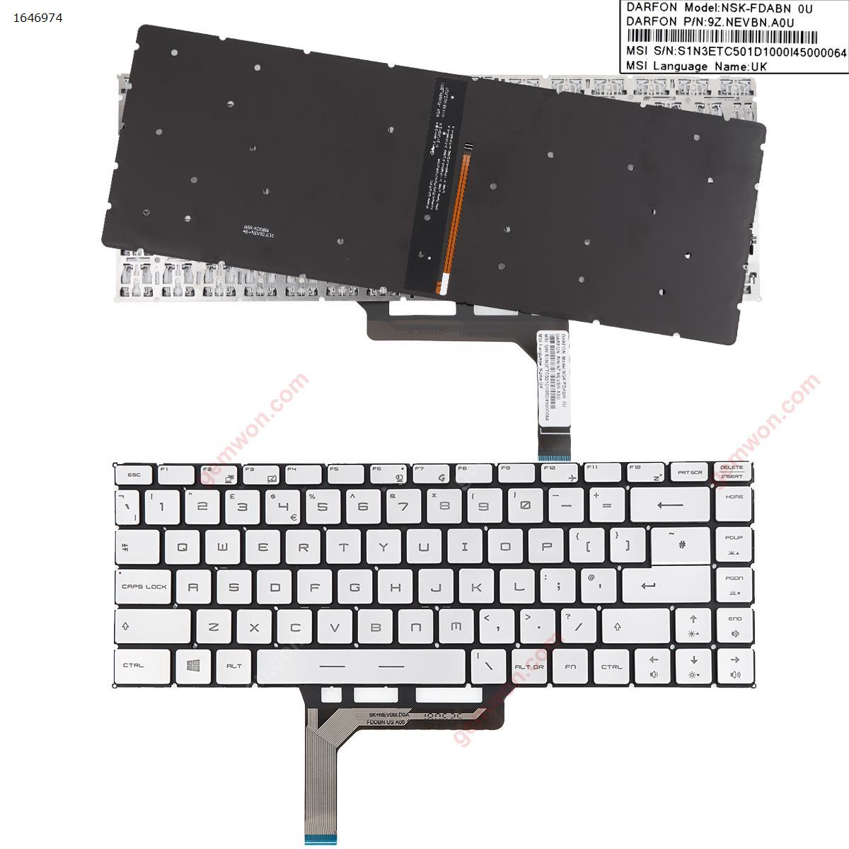Picture of New Replacement Laptop Keyboard For MSI GS65 GS65 Stealth GS65VR MS-16Q2 SILVER (Backlit,Without FRAME) WIN8 Uk Layout