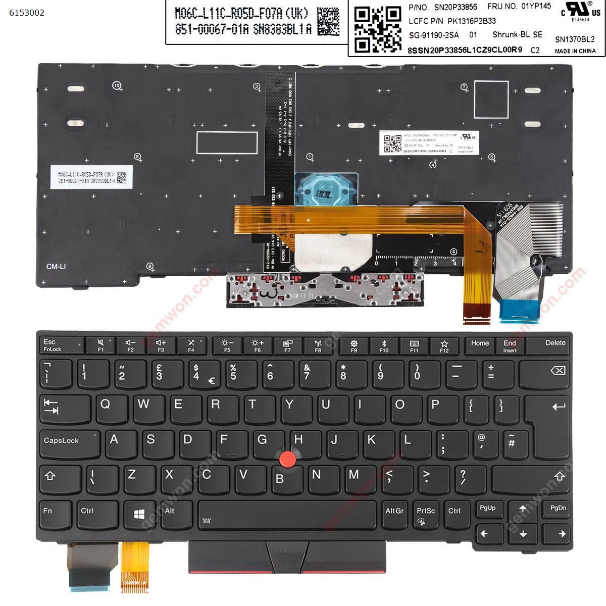 Picture of New Replacement Laptop Keyboard For IBM ThinkPad X280 X395 X390 L13 BLACK FRAME BLACK（with point ，backlit win8）OEM Uk Layout