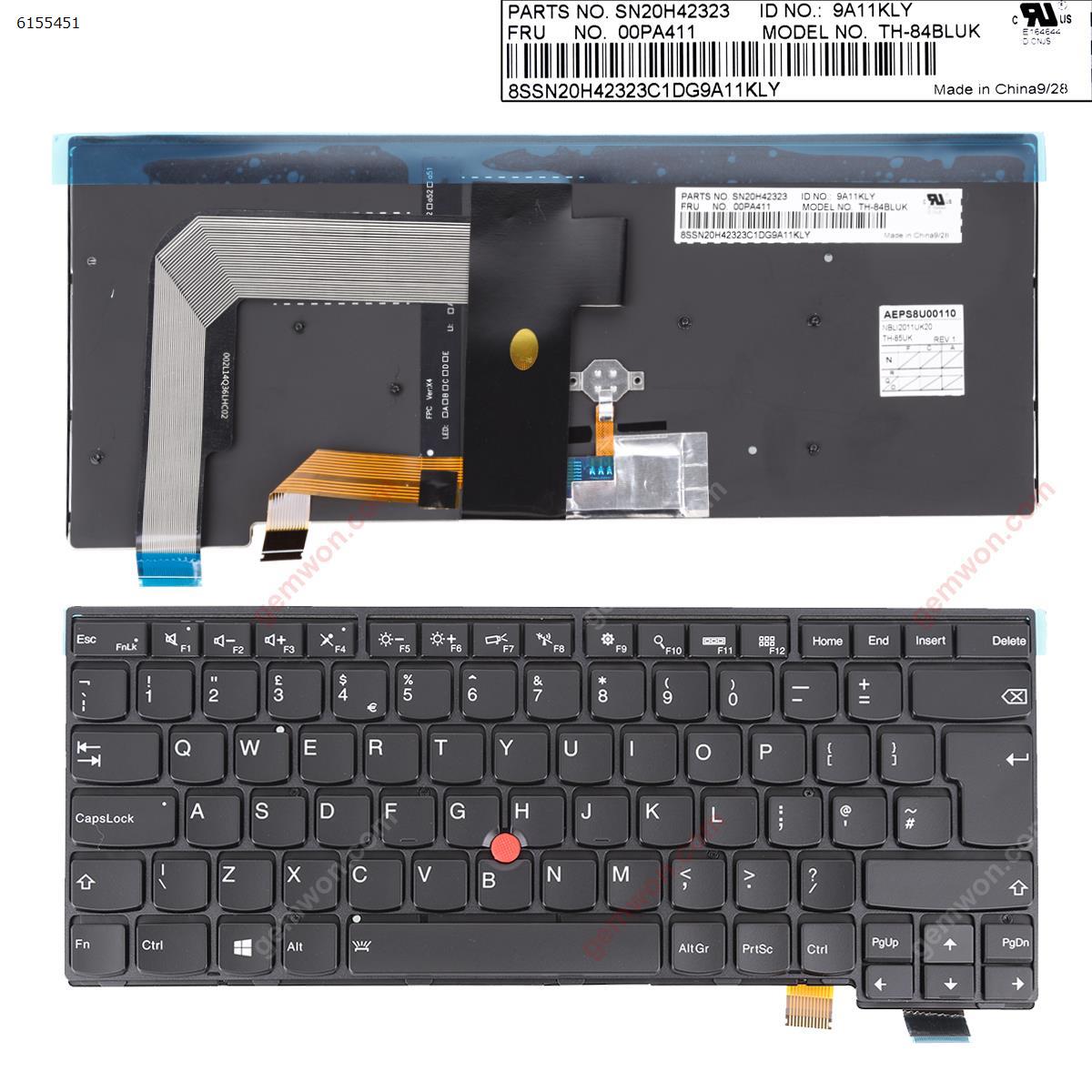 Picture of New Replacement Laptop Keyboard For IBM ThinkPad T460S T470 BLACK FRAME BLACK ( Backlit,with point stick ,For Win8) OEM Uk Layout