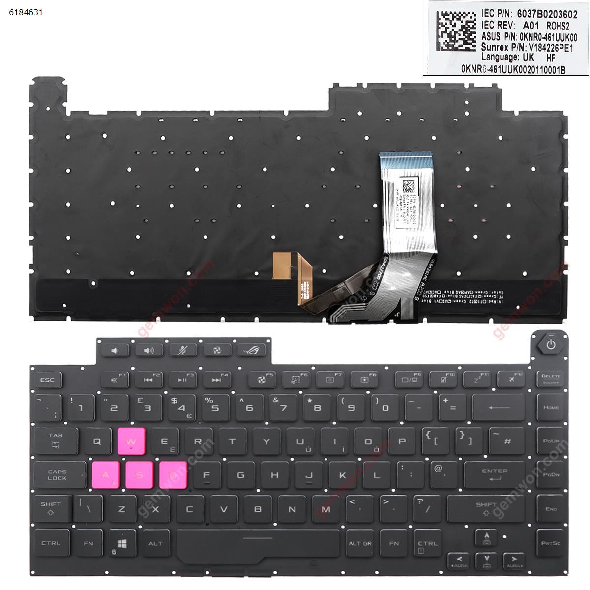 Picture of New Replacement Laptop Keyboard For ASUS ROG Strix Scar III G512 L 3 PLUS G531 S5D G531GT G531G g531gu g531gd BLACK (Full Colorful Backlit,WIN8  WASD is Pink) Uk Layout