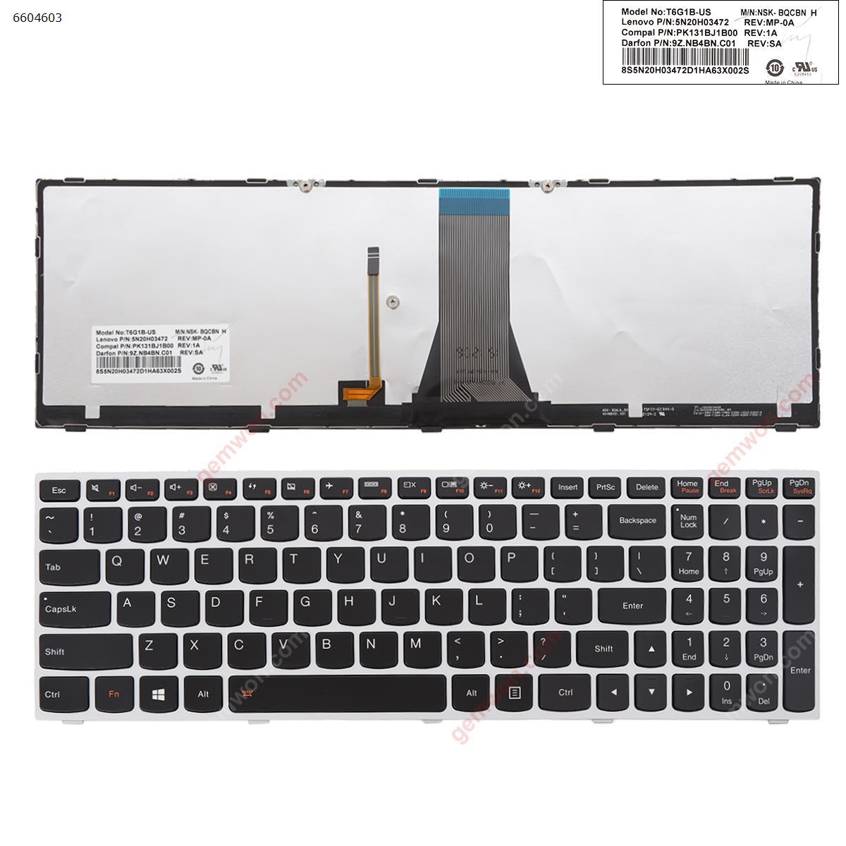 Picture of New Replacement Laptop Keyboard For LENOVO  G50  SILVER FRAME BLACK (Backlit，with frame,WIN 8) US Layout