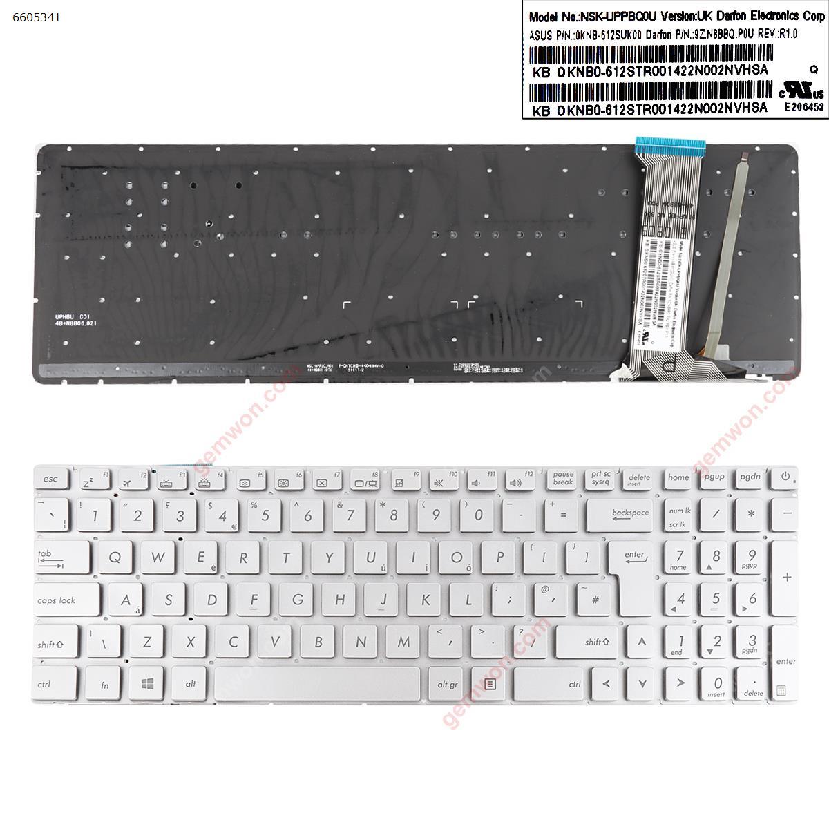 Picture of New Replacement Laptop Keyboard For ASUS N551 N551J N551JB N551JK N551JM N551JQ SILVER (Backlit,With foil,Without FRAME) WIN8 Uk Layout