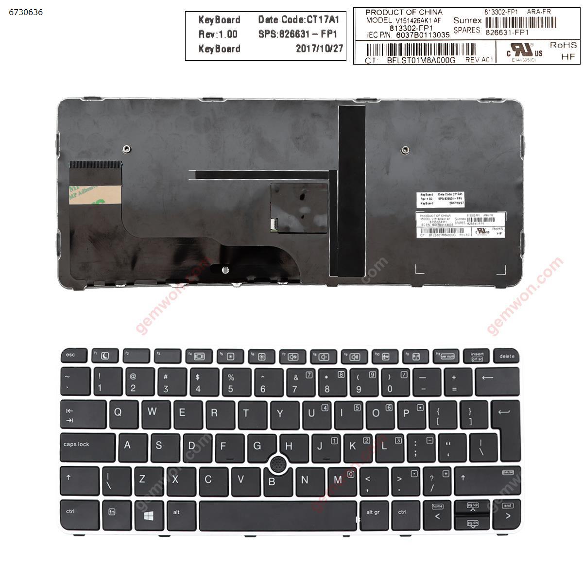 Picture of New Replacement Laptop Keyboard For HP EliteBook 820 G3 SILVER FRAME BLACK (with point,Win8)Big Enter US Layout