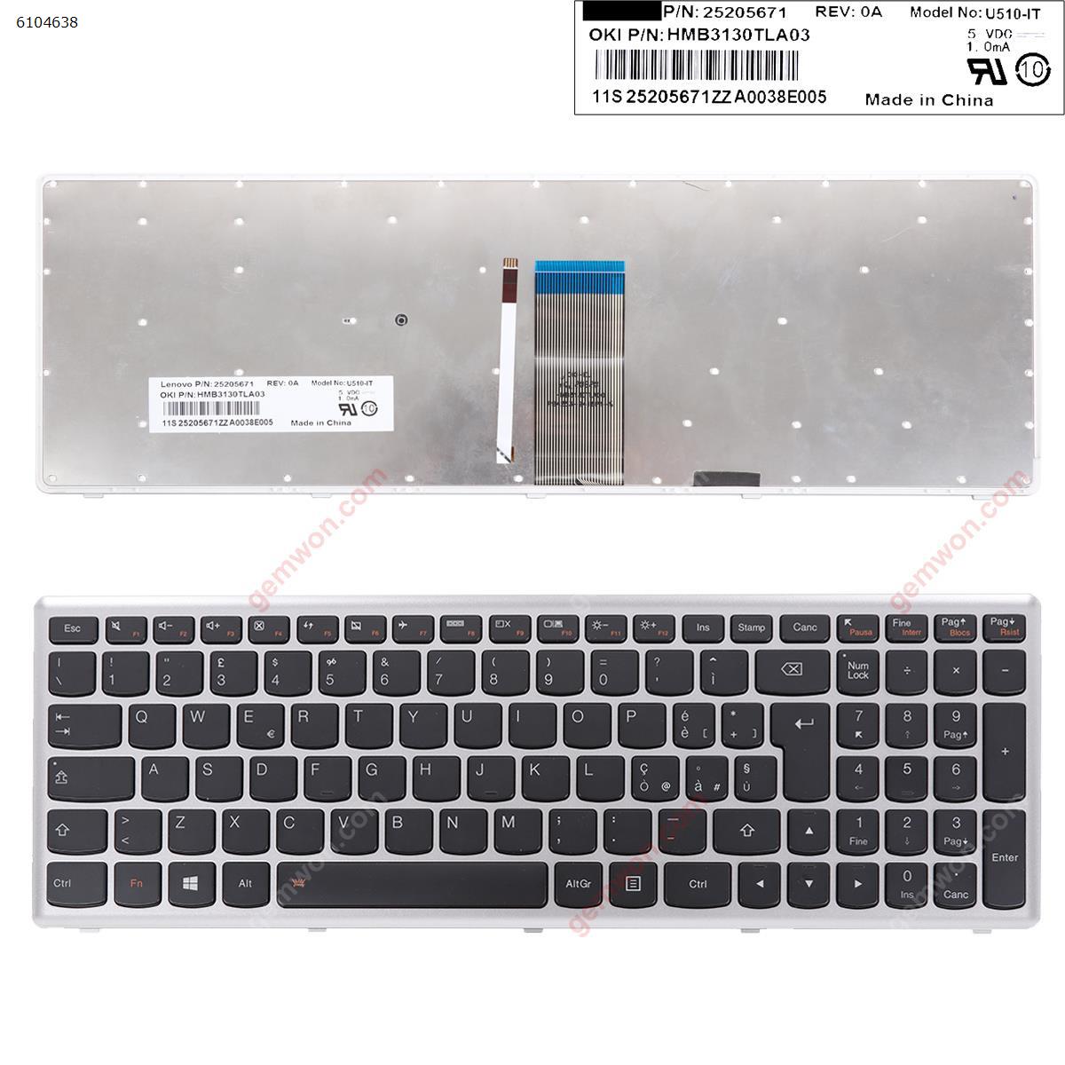 Picture of New Replacement Laptop Keyboard For LENOVO U510 SILVER FRAME BLACK Backlit WIN8 IT Layout