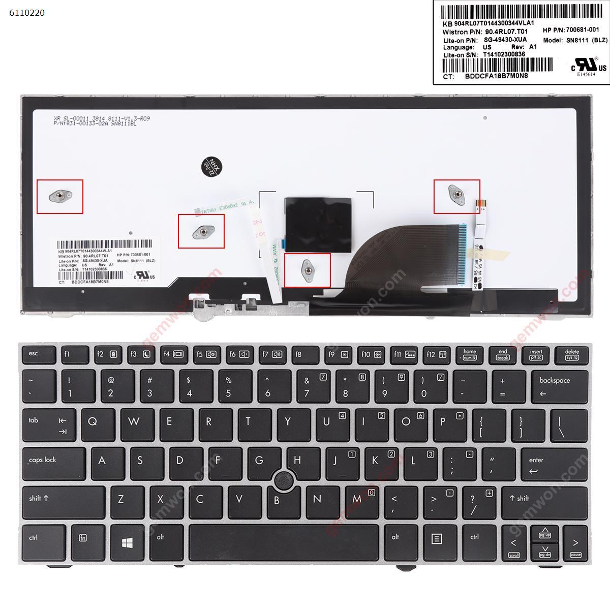 Picture of New Replacement Laptop Keyboard For HP 2170P SILVER FRAME BLACK With Backlit Board US Layout