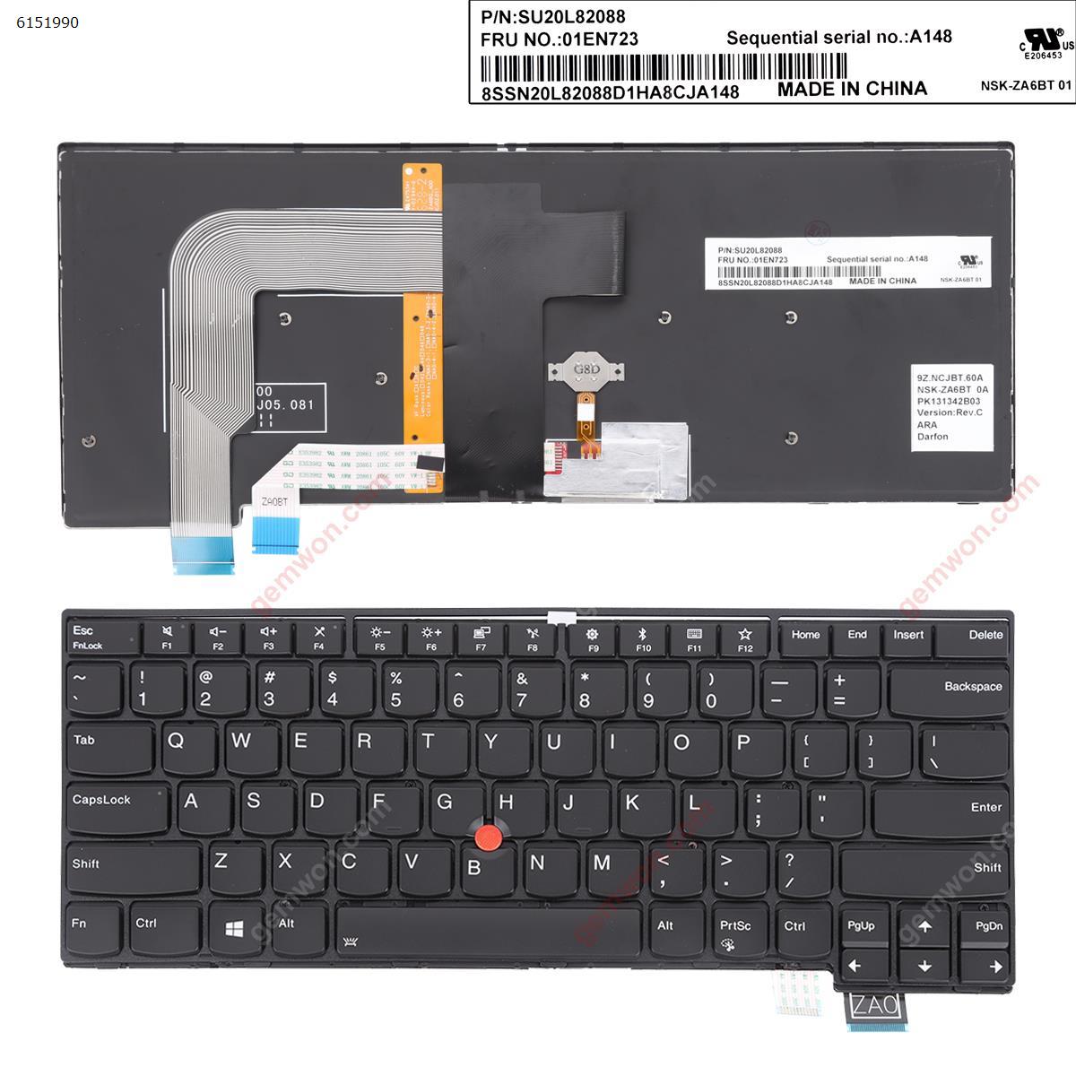 Picture of New Replacement Laptop Keyboard For ThinkPad T470S BLACK FRAME BLACK (Backlit with point For Win8) US Layout