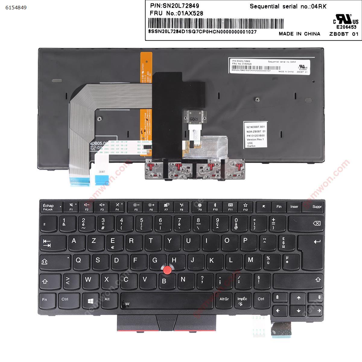 Picture of New Replacement Laptop Keyboard For IBM ThinkPad T470 T480 BLACK FRAME BLACK ( Backlit,with point stick ,For Win8) OEM FR Layout