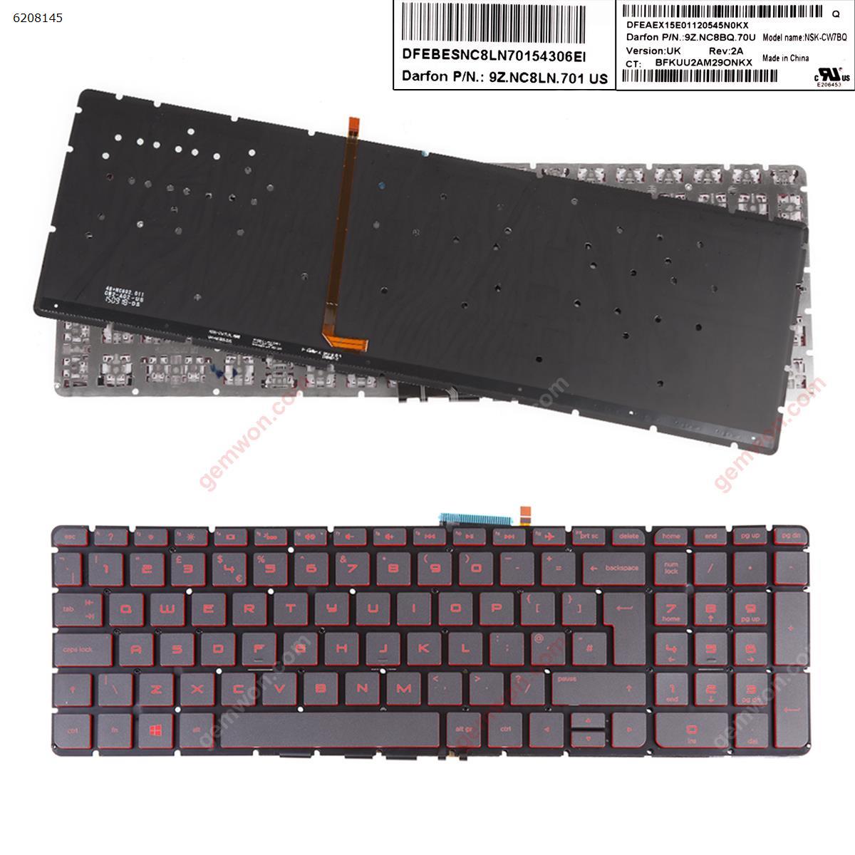 Picture of New Replacement Laptop Keyboard For HP Pavilion 15-AB BLACK (Backlit,Without FRAME,Red Printing,Win8) Uk Layout