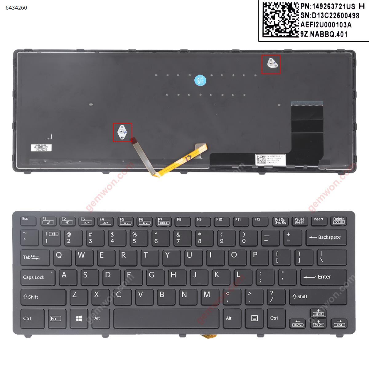 Picture of New Replacement Laptop Keyboard For SONY SVF14N  Series BLACK FRAME BLACK (With Backlit Board For Win8) US Layout