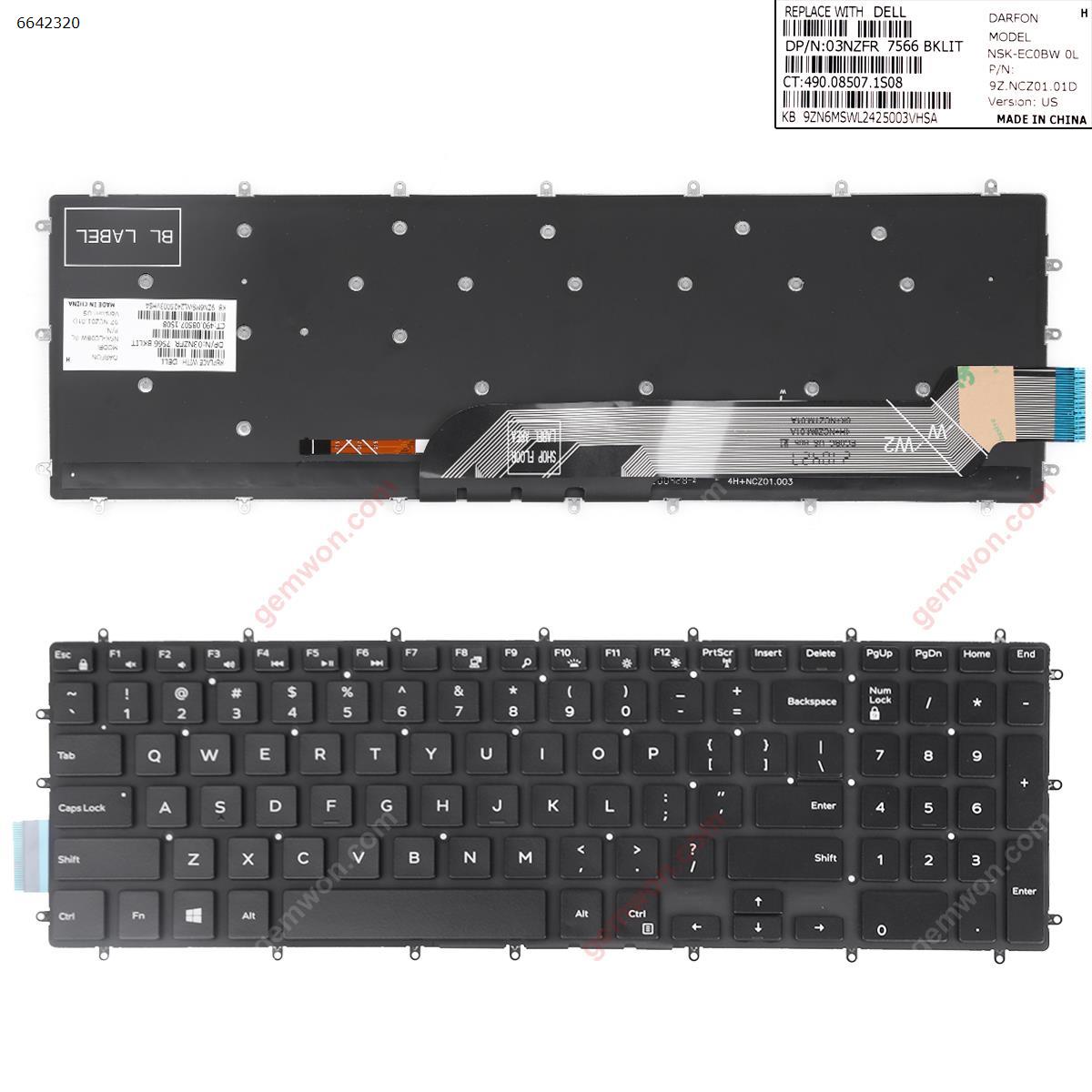 Picture of New Replacement Laptop Keyboard For Dell DELL Inspiron Gaming 15-7566  BLACK (Without FRAME ，Backlit,Win8) US Layout