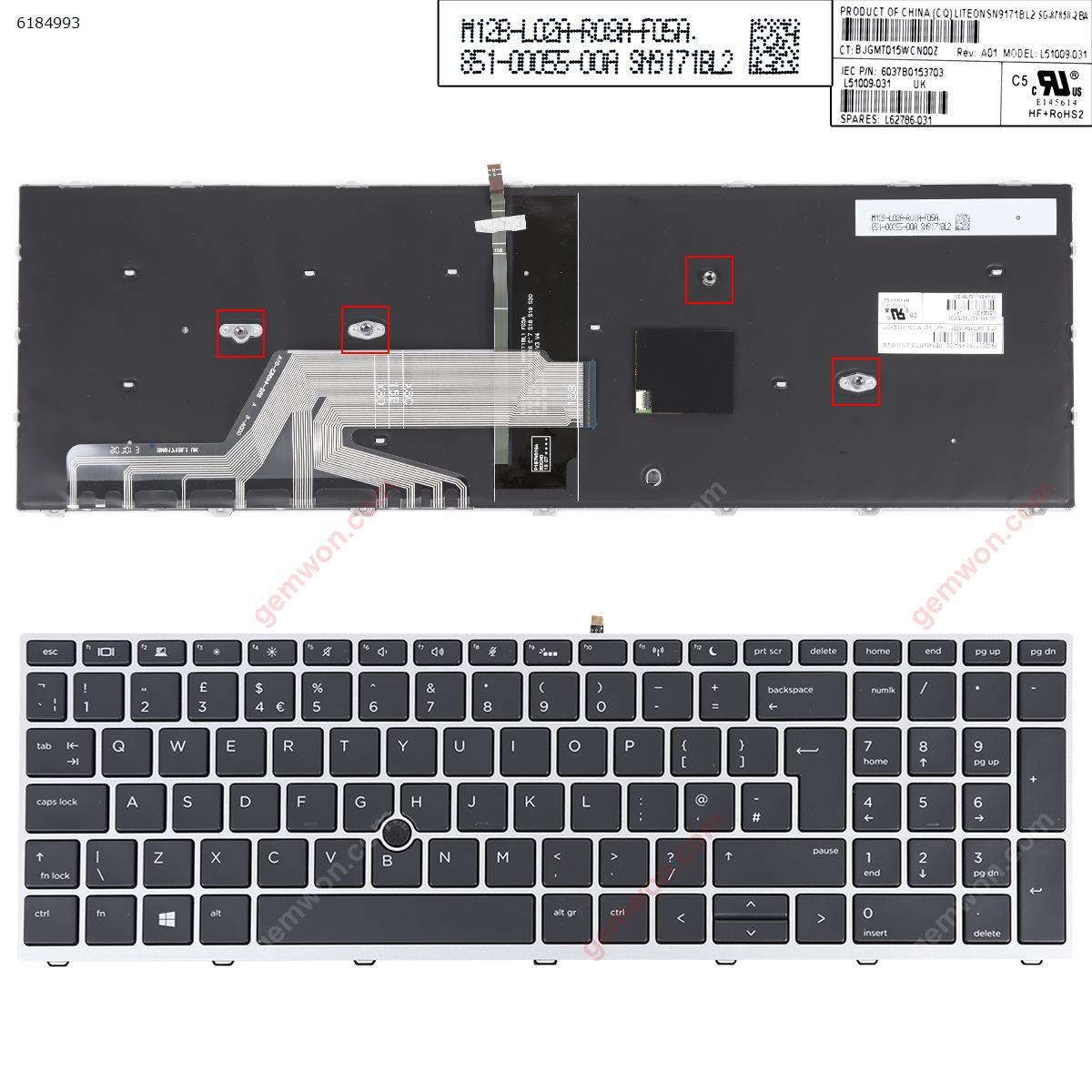 Picture of New Replacement Laptop Keyboard For HP ProBook 650 G4 650 G5 SILVER FRAME BLACK（Backlit，With Point，win8）  Uk Layout