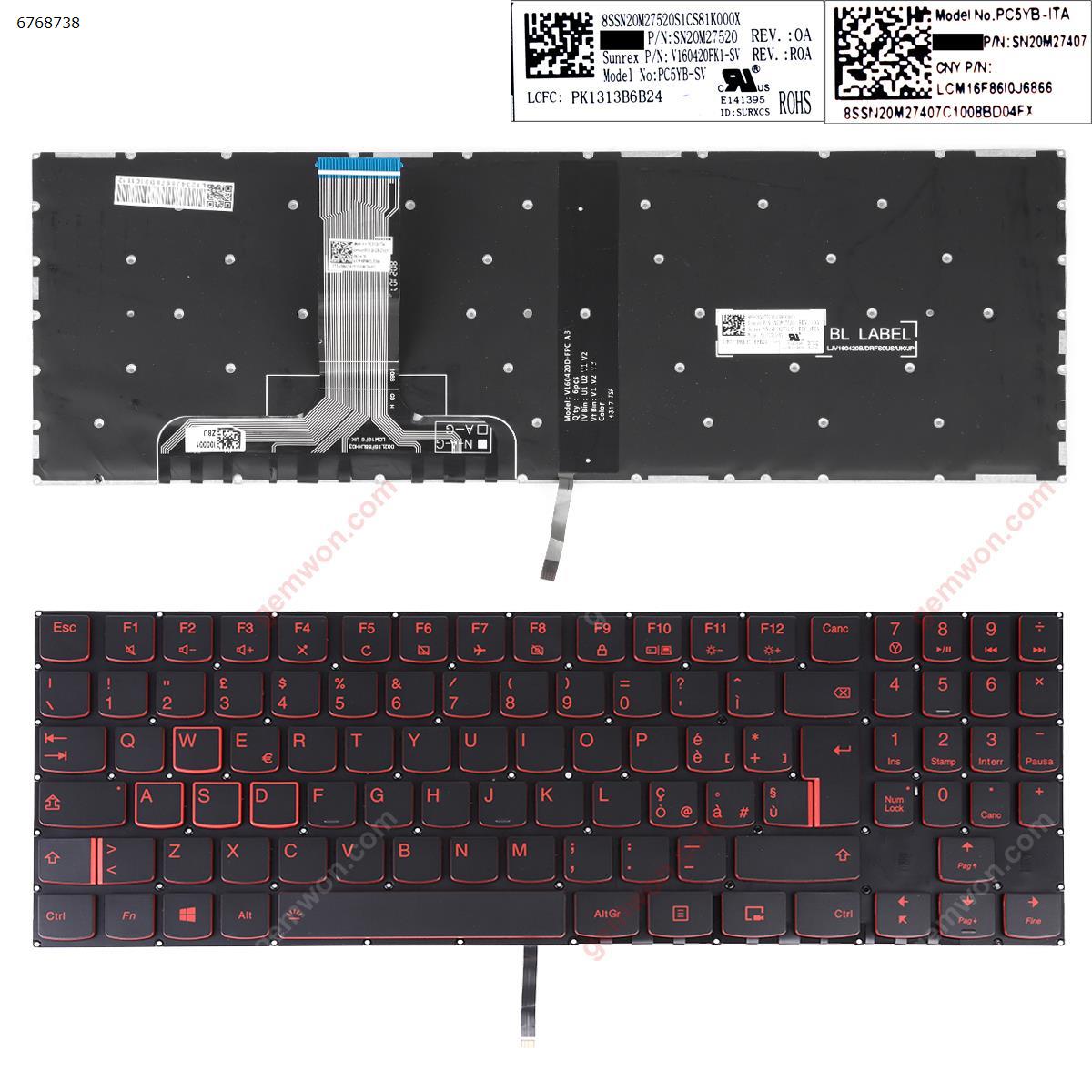 Picture of New Replacement Laptop Keyboard For Lenovo Legion Y520 Y520-15IKB  R720 R720-15IKB BLACK(Red Backlit,Red Printing,Win8) IT Layout