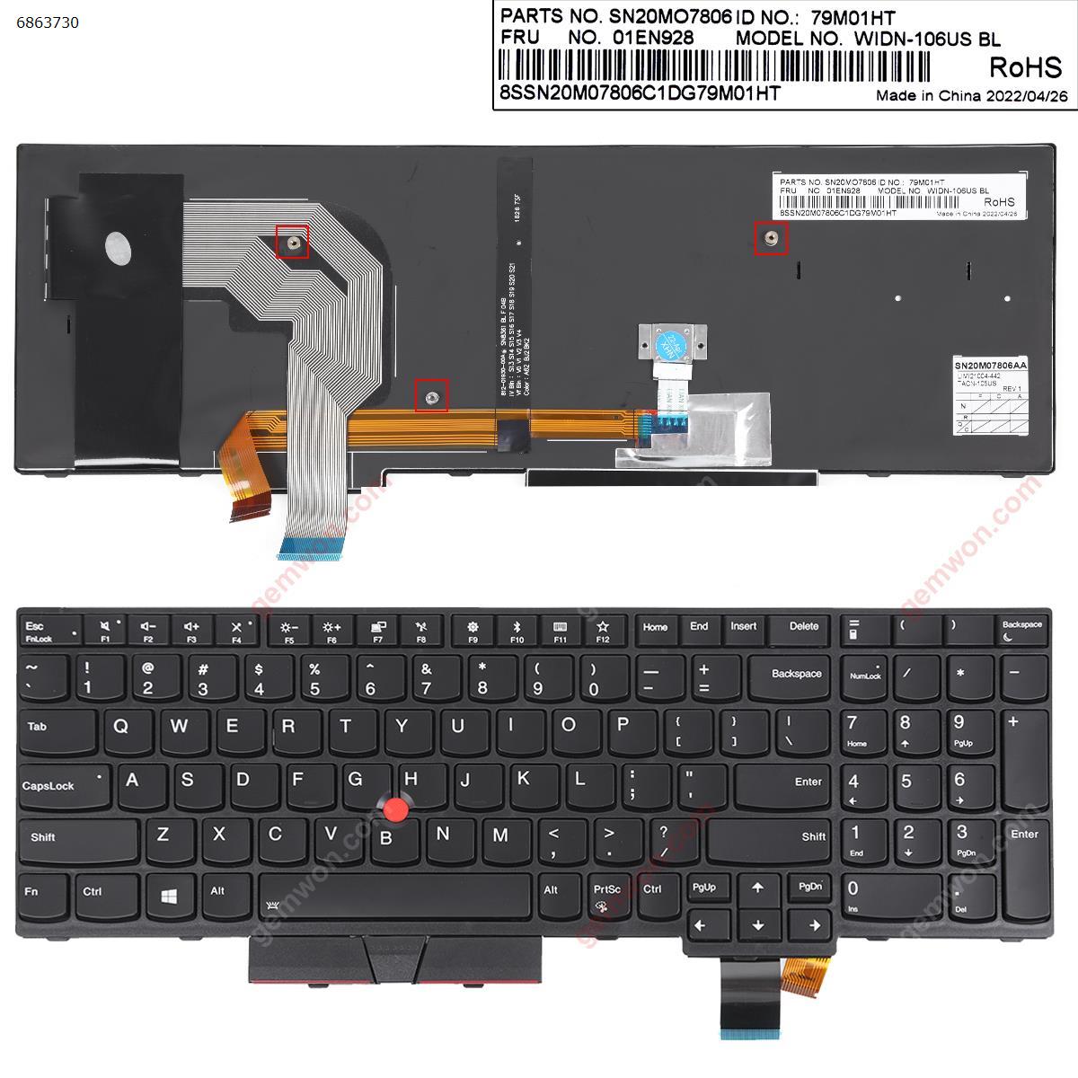 Picture of New Replacement Laptop Keyboard For Lenovo IBM ThinkPad T580 BLACK FRAME BLACK(With Point,Backlit,For Win8) US Layout