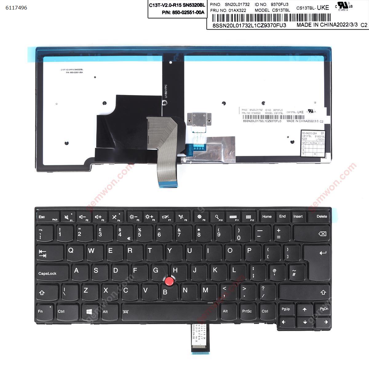 Picture of New Replacement Laptop Keyboard For IBM Thinkpad T440 T440P T440S T450 T450s T431s E431 BLACK FRAME BLACK (Backlit,With Point stick,Win8 ) OEM Uk Layout