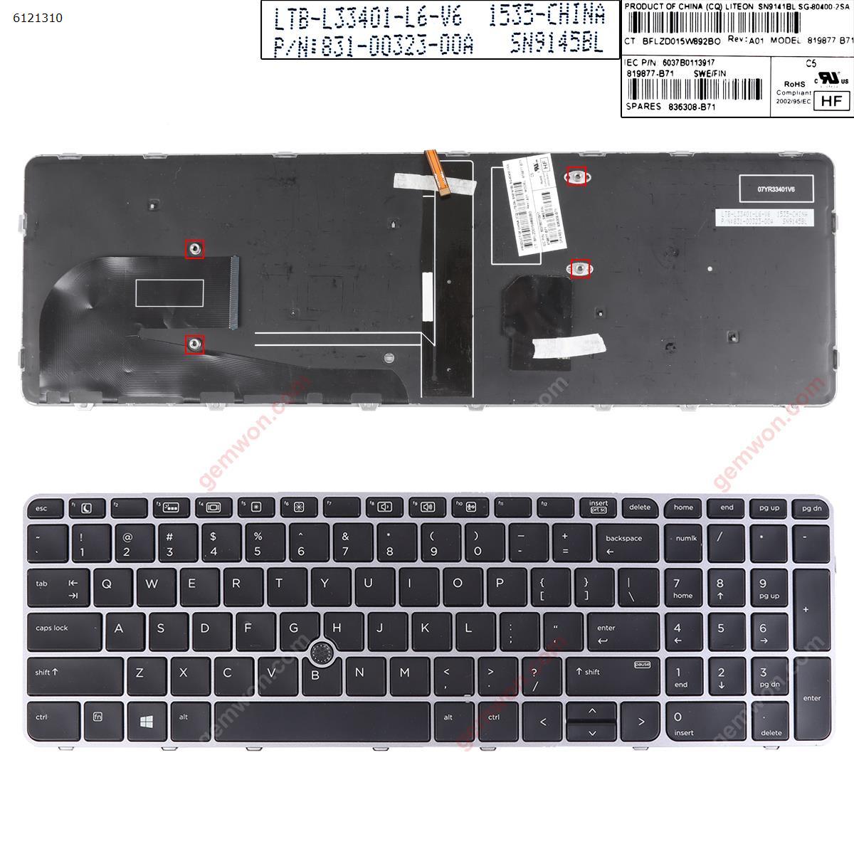 Picture of New Replacement Laptop Keyboard For HP EliteBook 755 G3 850 G3 850 G4 ZBook 15u G3 G4 SILVER FRAME BLACK (with point,Backlit,Win8) US Layout
