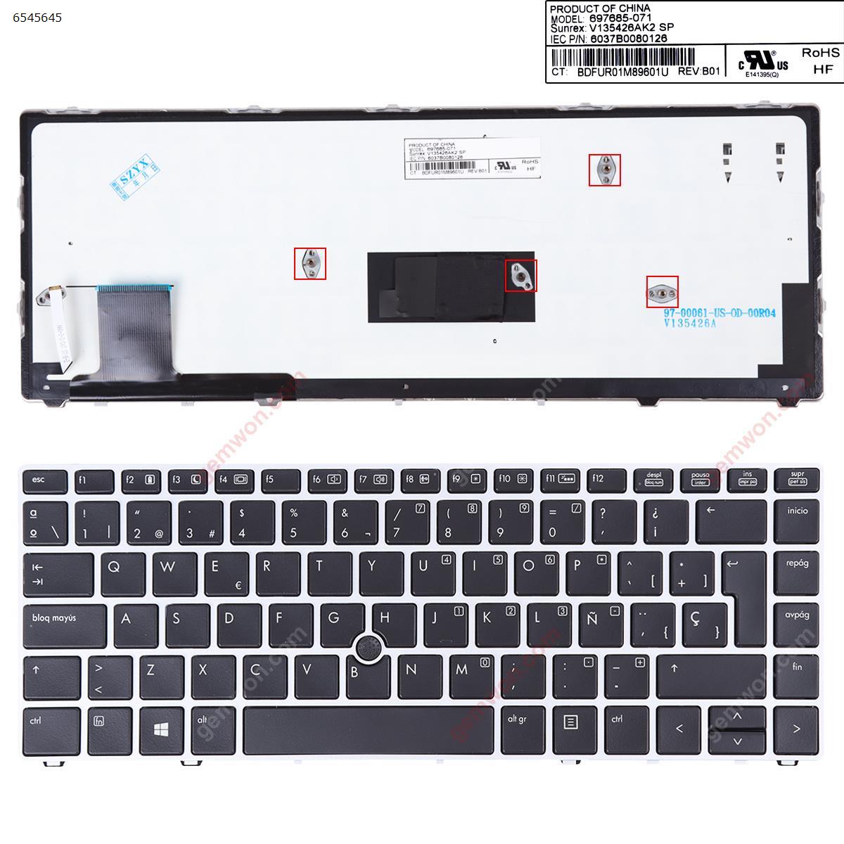 Picture of New Replacement Laptop Keyboard For HP EliteBook Folio 9470m SILVER FRAME BLACK (Backlit ,With Point,Win8) SP Layout
