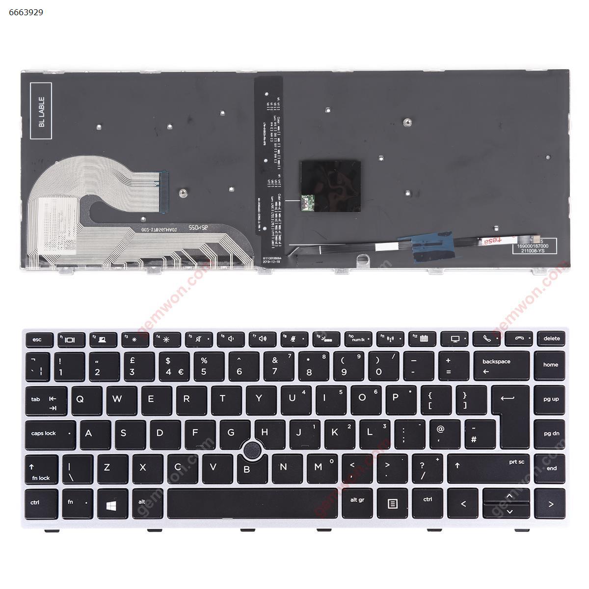 Picture of New Replacement Laptop Keyboard For HP EliteBook 840 G5 846 G5 840 G6 SILVER FRAME BLACK （Backlit ，With Point Stick,Win8）OEM Uk Layout