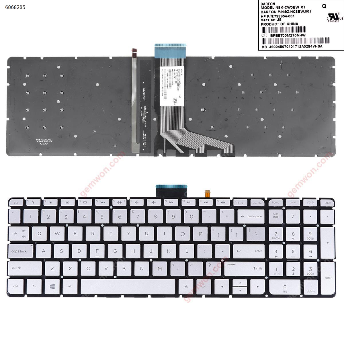 Picture of New Replacement Laptop Keyboard For HP Envy 17-U 17-U011NR 17-U018CA 17T-U000 17-U153NR SILVER(Without FRAME,Backlit) US Layout