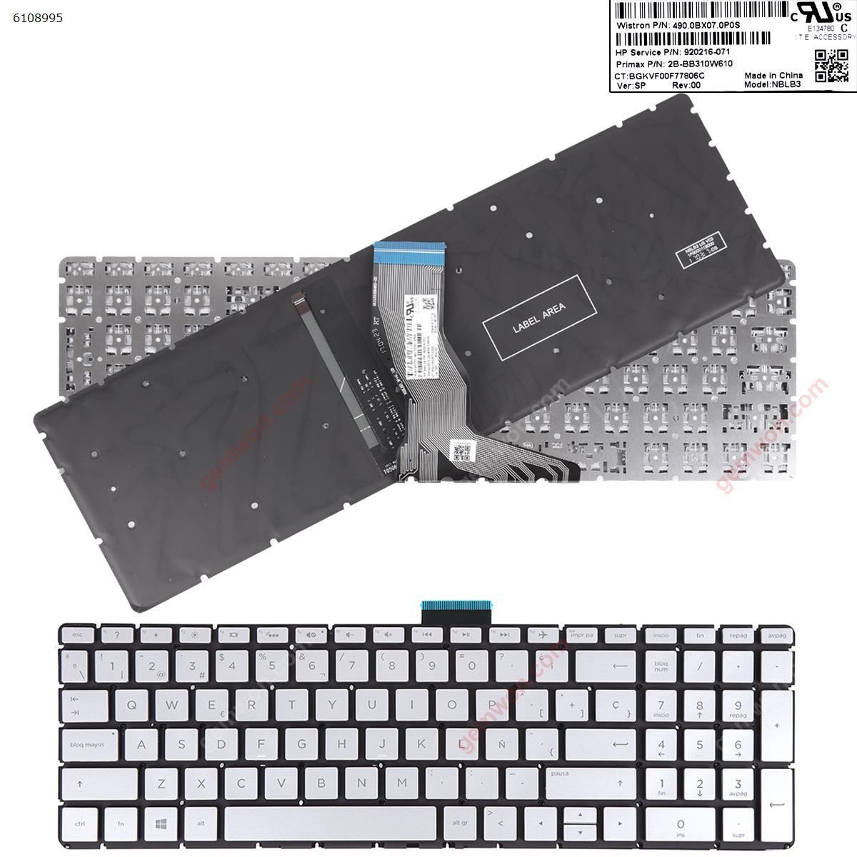 Picture of New Replacement Laptop Keyboard For HP Pavilion 15-BS Silver  （Backlit,Without FRAME,Small Enter,WIN8） SP Layout