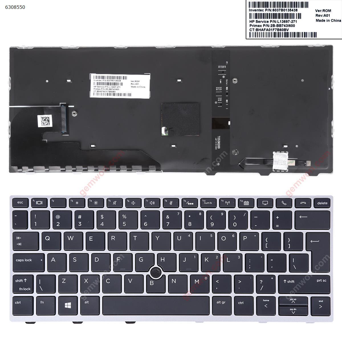 Picture of New Replacement Laptop Keyboard For HP EliteBook 830 G5 SILVER FRAME BLACK (with point,Backlit,Win8) UI Layout