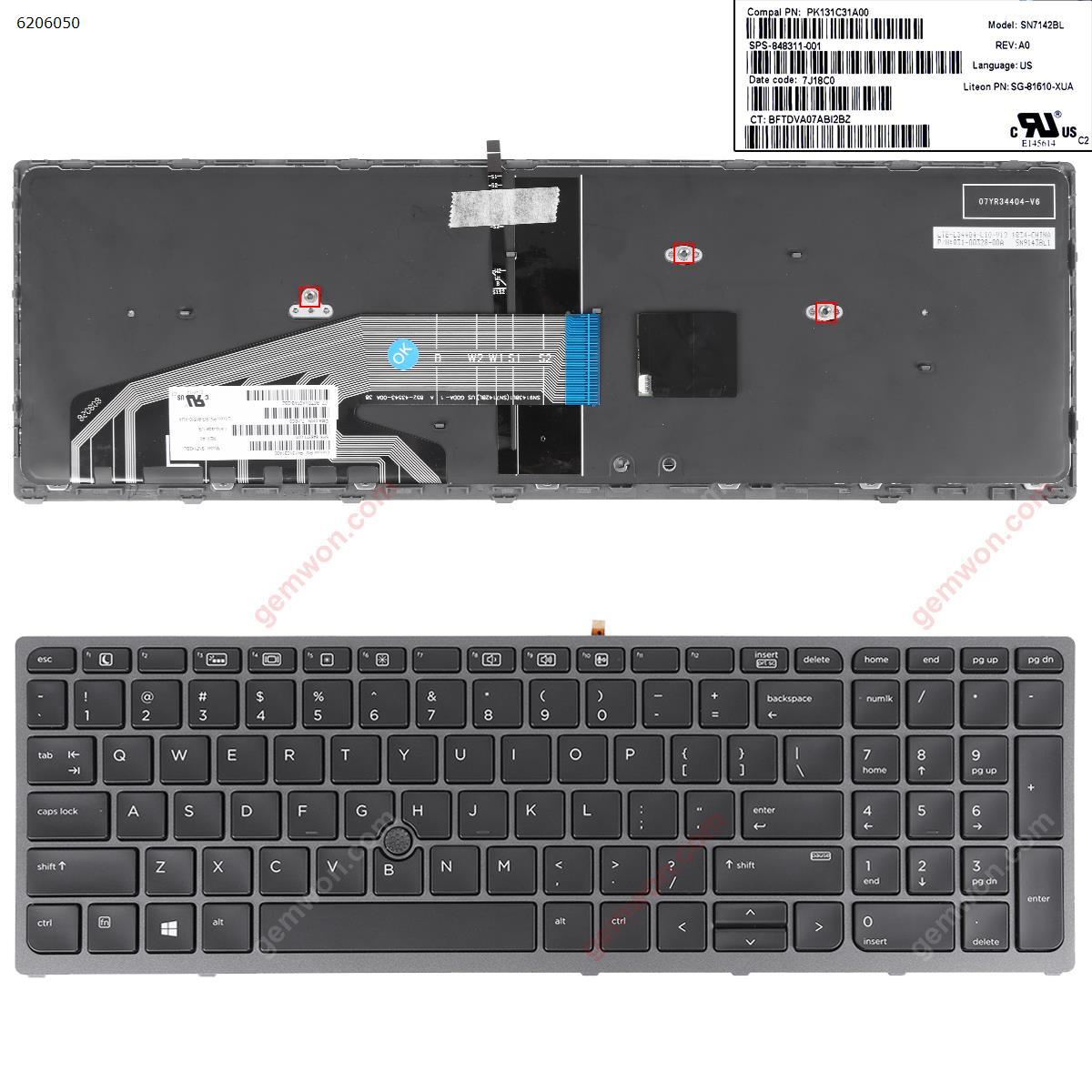 Picture of New Replacement Laptop Keyboard For HP Zbook 15 G3 17 G3 GRAY  FRAME BLACK(Backlit,With point,For Win8) US Layout