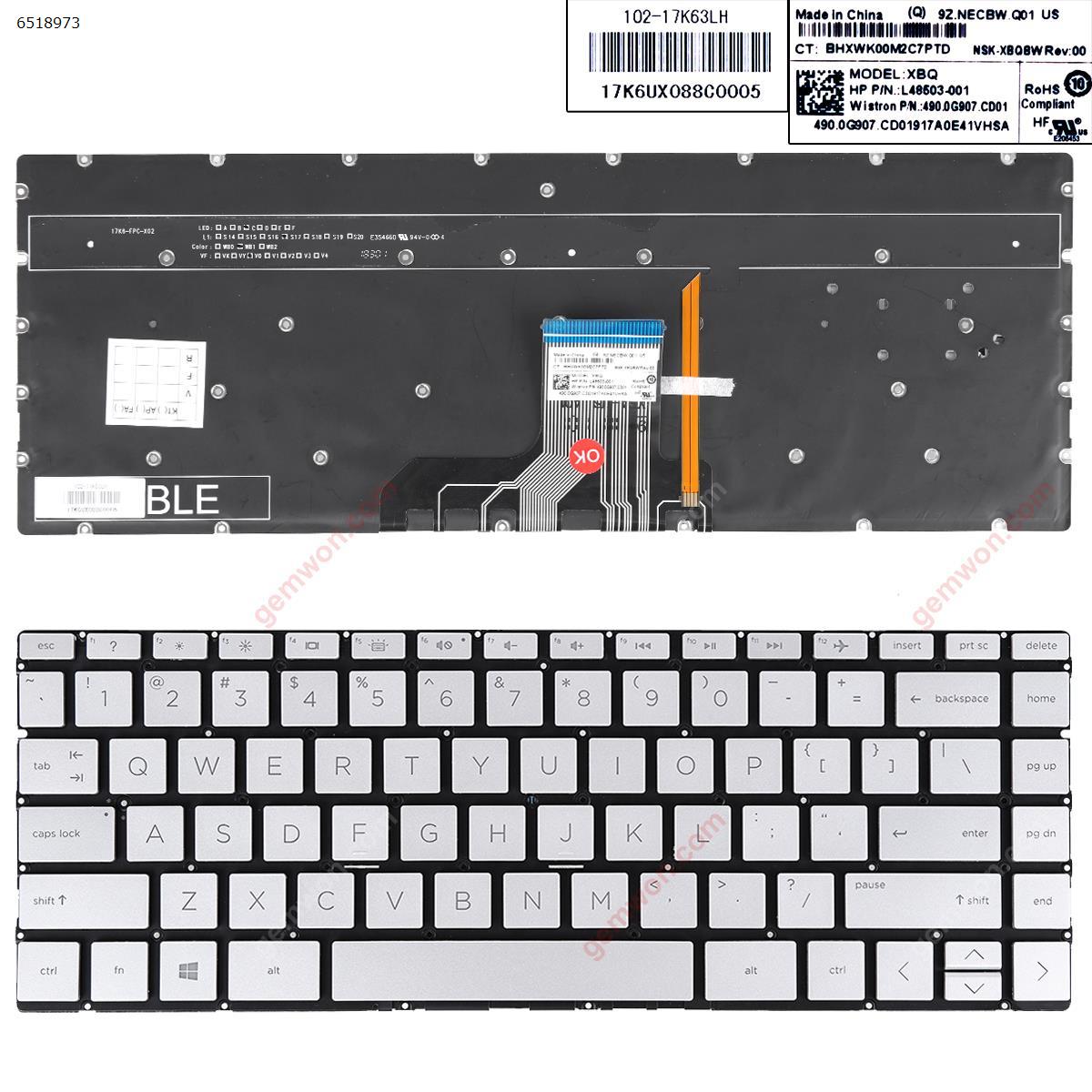 Picture of New Replacement Laptop Keyboard For HP Pavilion 13-an0000 13-an0000ns SILVER (Backlit , Without Frame ,Win 8 ) US Layout