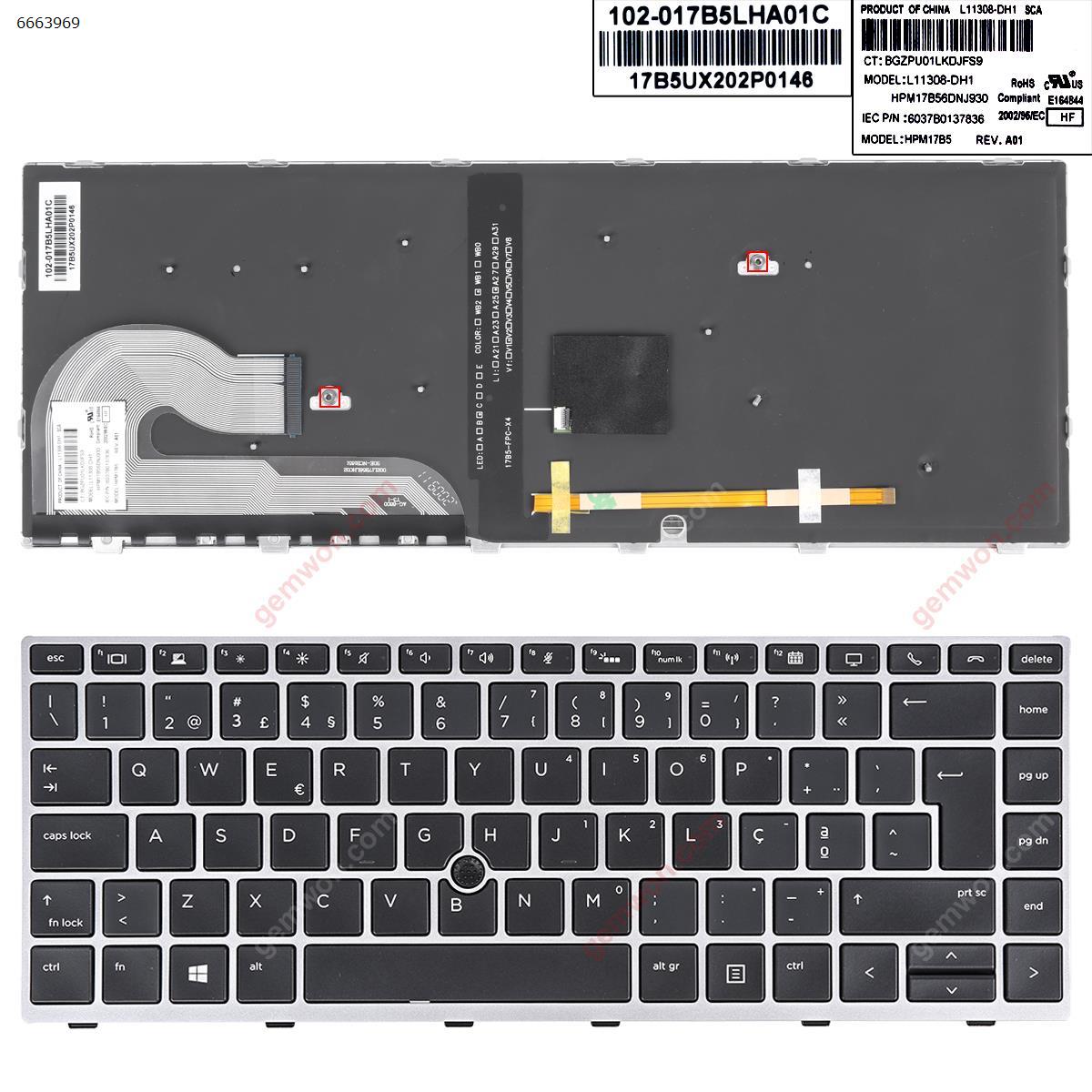 Picture of New Replacement Laptop Keyboard For  HP EliteBook 840 G5 846 G5 840 G6 SILVER FRAME BLACK （Backlit  With Point Stick Win8） PO Layout