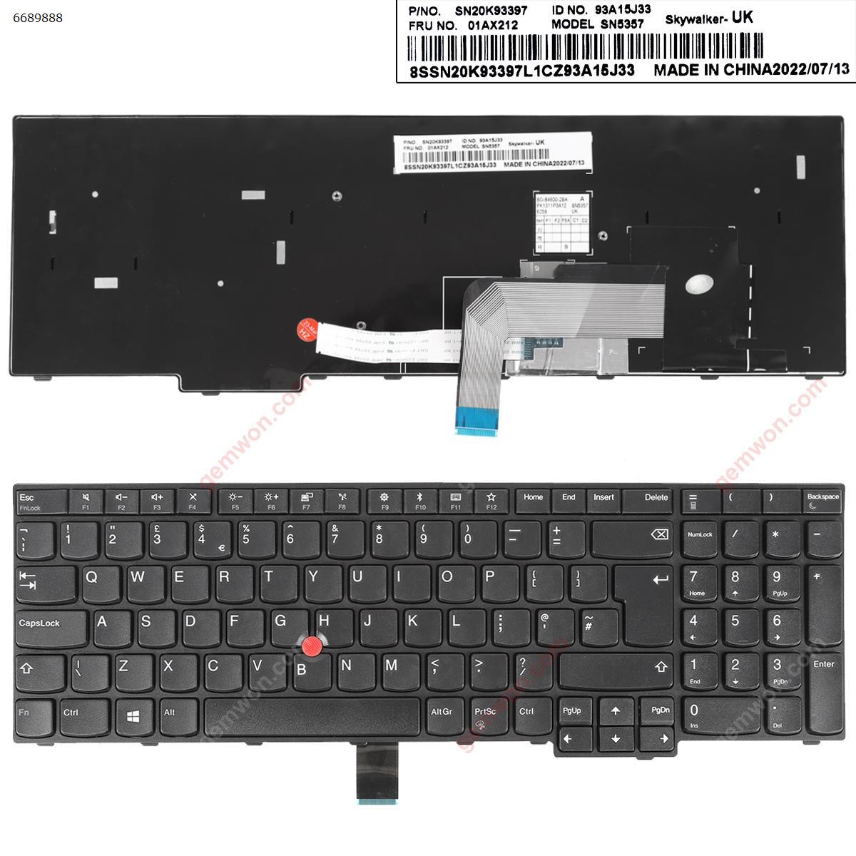 Picture of New Replacement Laptop Keyboard For Thinkpad E570 E575 BLACK FRAME BLACK(With Point stick,Win8 ) OEM Uk Layout