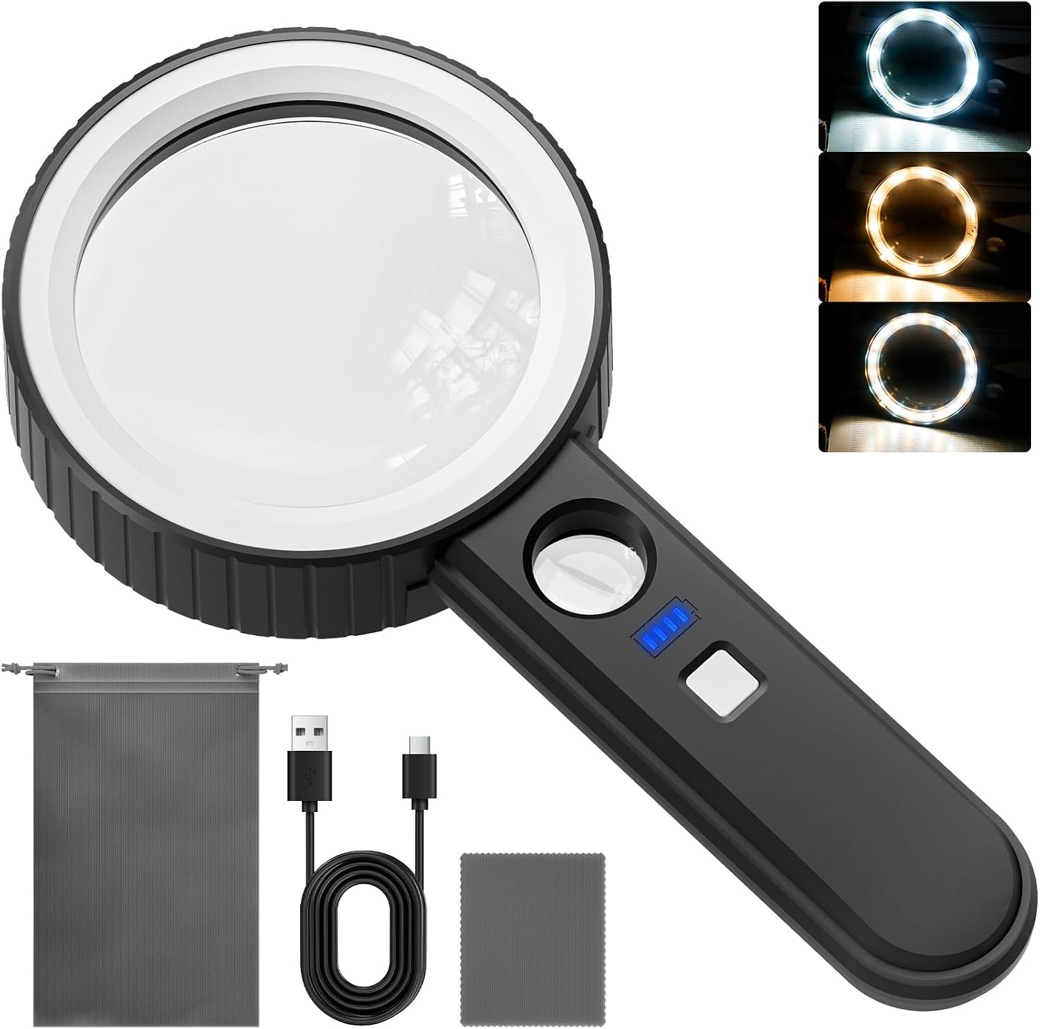 Rechargeable Magnifying Glass with Light, 5X 10X Double-Layer Lens Handheld Large Magnifying Glasses 21 LED 3 Modes, Illuminated Lighted Magnifier for Seniors Reading, Coins, Jewelry, Close Work
