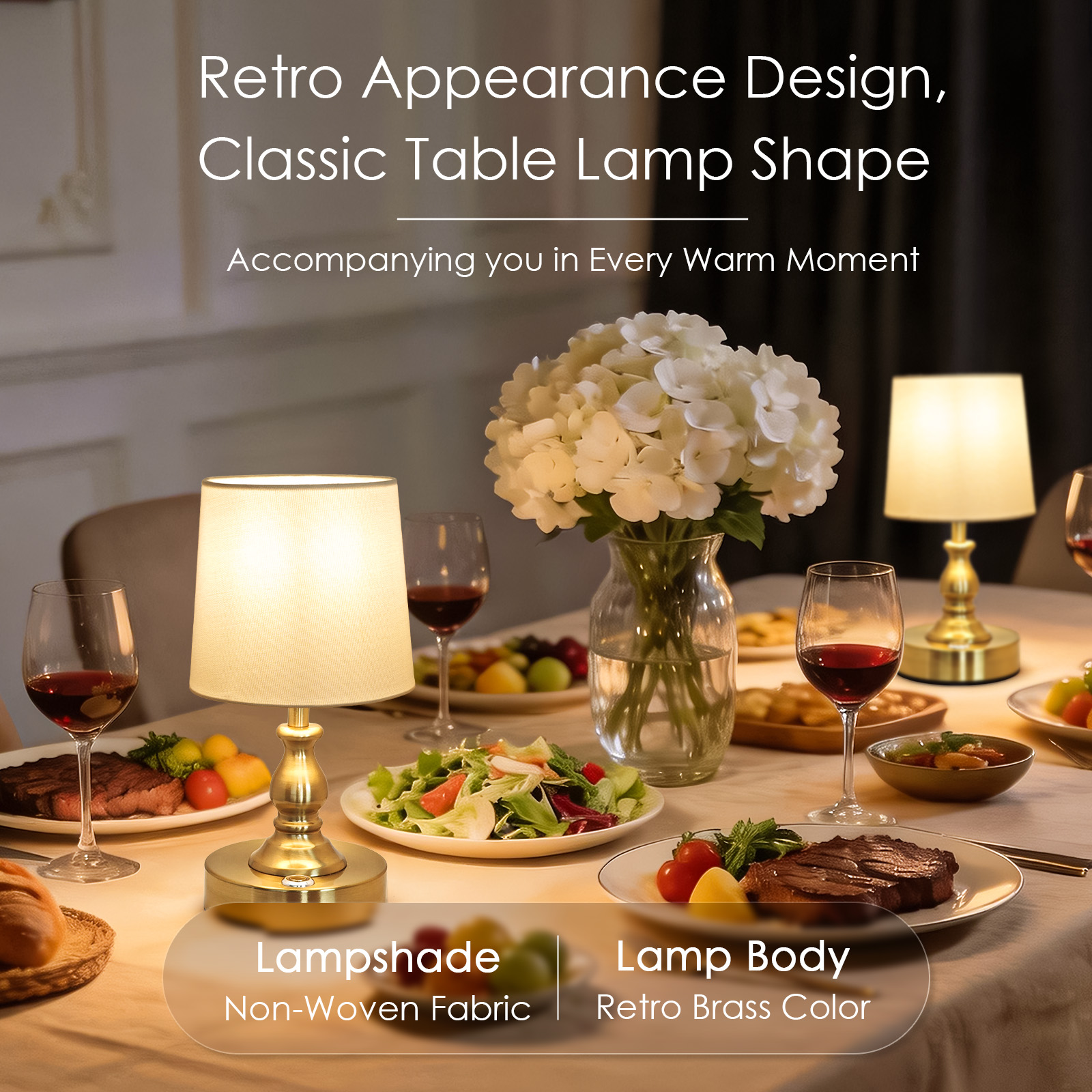 KIBTOY Rechargeable Table Lamp Cordless,Portable and Moveable Touch Lamps,2700K Warm Light Dimmable Small Lamp, Vintage Gold Lamp with Fabric Shade for Living Room,Bedsides,Dining Room [Energy Class A+++] view 2