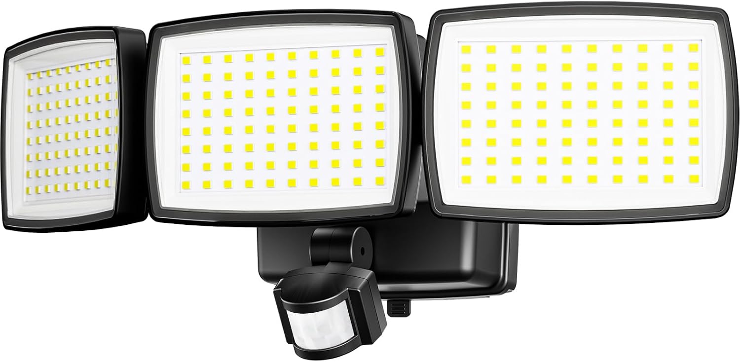 KIBTOY 240 LED Battery Powered Outdoor Security Light, 1500LM PIR Flood Light Motion Sensor IP65 Waterproof No Wiring Spotlight with 3 Rotatable Heads for Garden Garage Porch (Black-1 P) [Energy Class D]