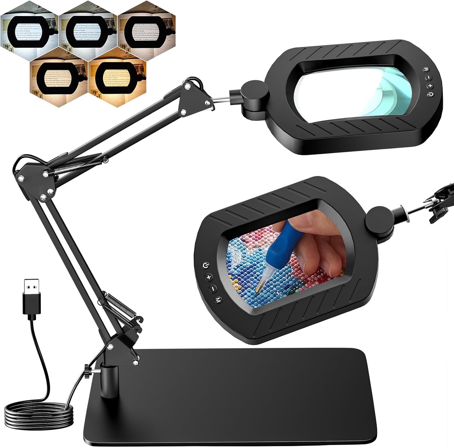 Magnifying Glass with Light and Stand for Reading, USB Powered Large Lighted Magnifer Desk Magnifying Lamp Real Glass Lens for Diamond Art Books Hobbies Crafts Close Work
