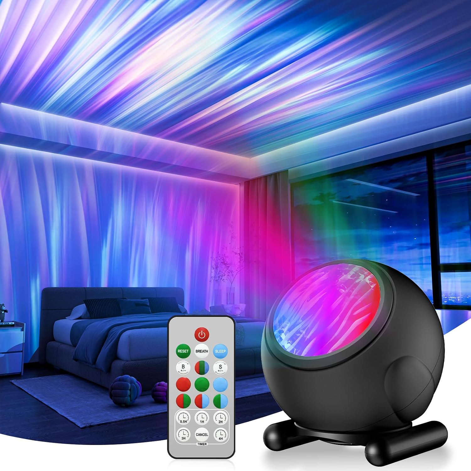 KIBTOY Northern Lights Projector with Remote, LED Night Light Projector & Mood Lighting for Bedroom, 7 Colors & 10 Light Modes Adjustable Speed & Brightness Party Room Decor Teen Girl Boy Gift (Black) [Energy Class A+++]