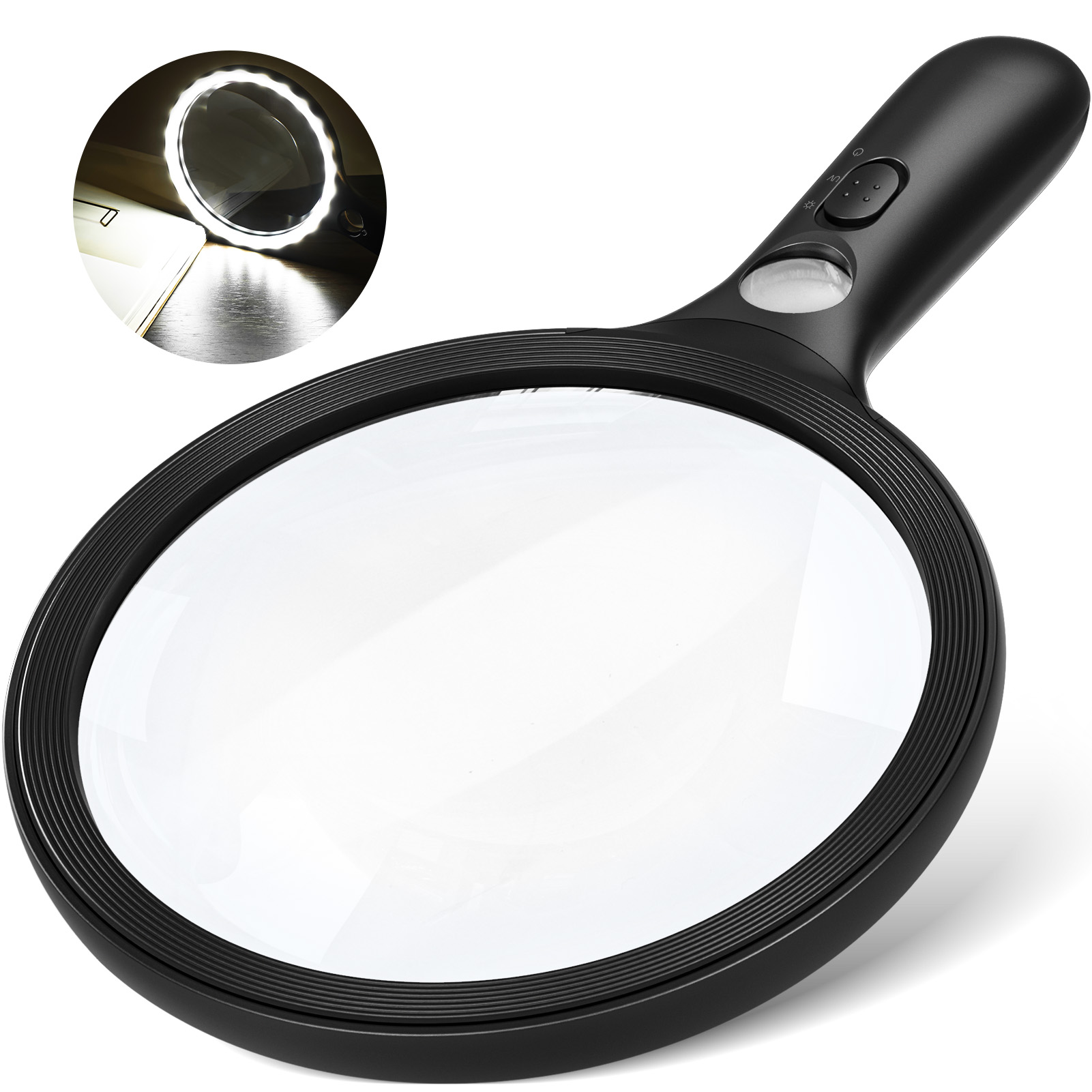 Magnifying Glass with Light Large 24 LED, 10X Handheld Illuminated Lighted Magnifier 1UV Light for Seniors, Close Work, Reading, Coins, Jewelry