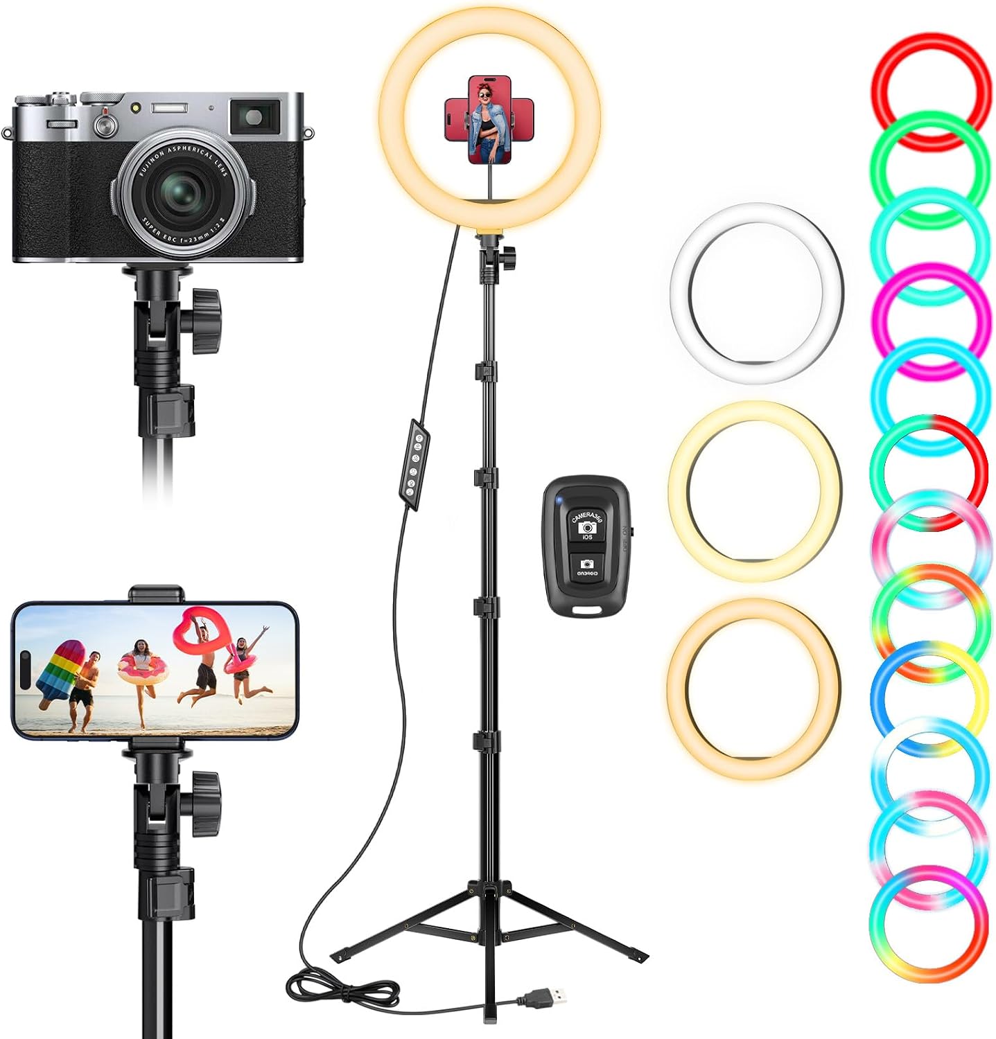 10 Inch LED Ring Light with 61 Inch Tripod Stand & Mobile Phone Holder, Dimmable RGB Table Ring Light, Mobile Phone Tripod Holder with Ring Light for YouTube, Video Recording, Selfie, Live Stream, Makeup Photography