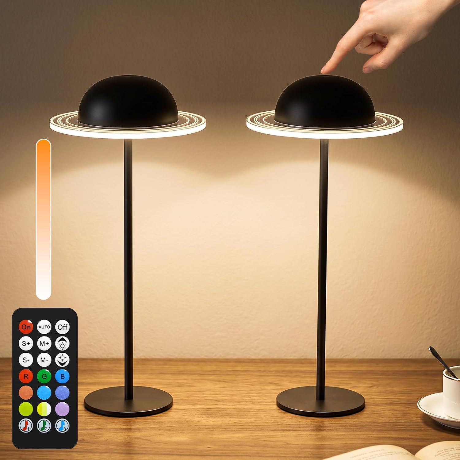 KIBTOY 2 Pack Rechargeable Table Lamp Battery Operated, Cordless Desk Light Touch & Remote Control 3 CCT & RGB Colors Dimmable for Restaurant Bedroom Bottle Dining Outdoor Black [Energy Class A+++]